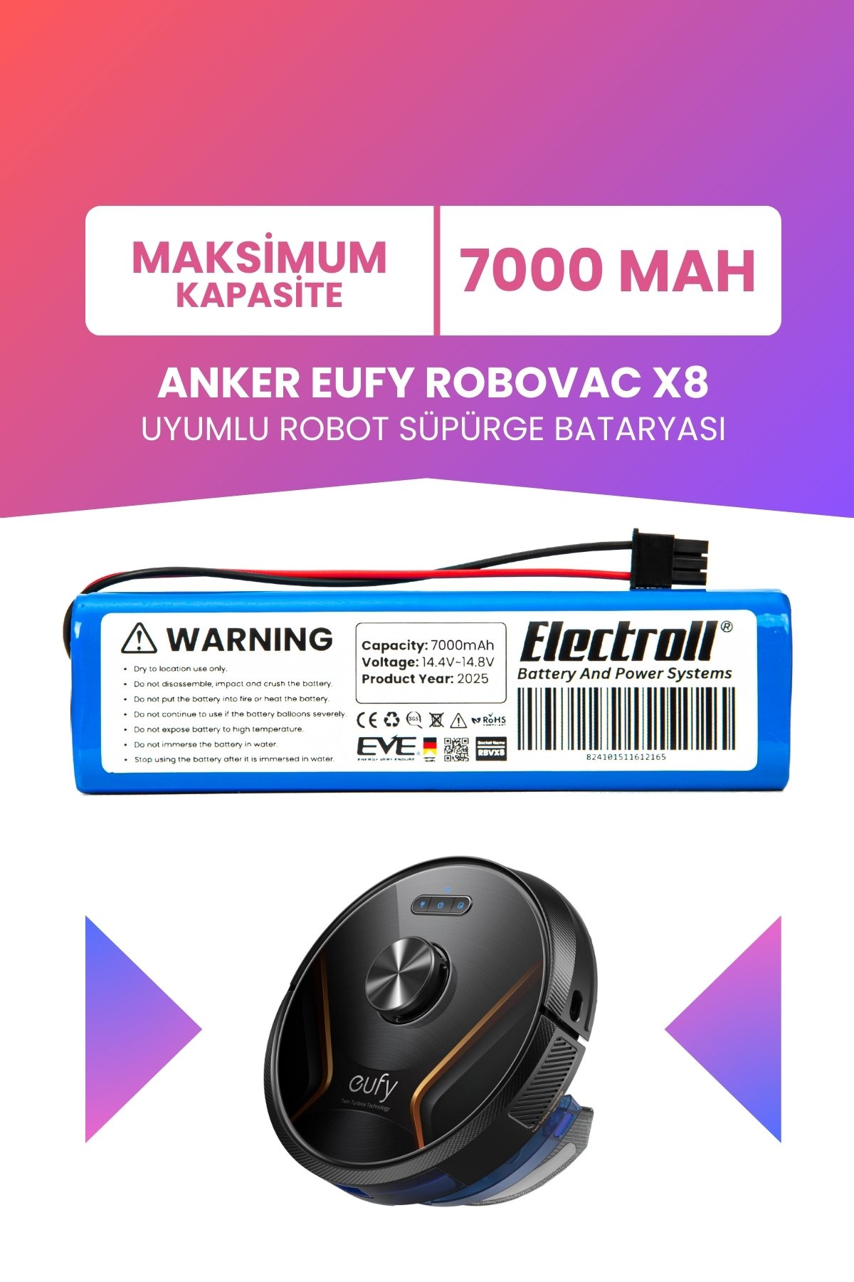 Anker Eufy Robovac X8 Hybrid Uyumlu Batarya (MAKSİMUM KAPASİTE) 7000mah Pil Süpürge Batarya Değişimi