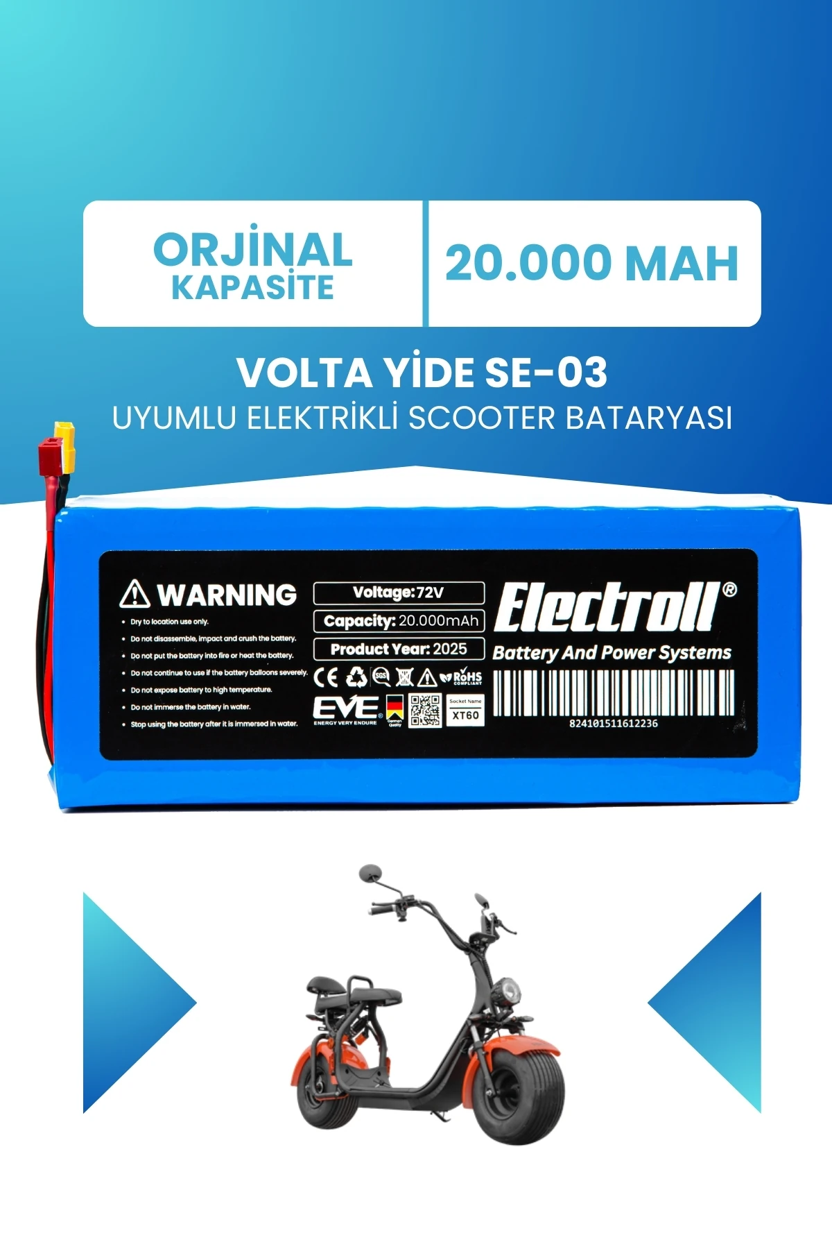 Volta Yide Se-03 Uyumlu Batarya Lityum 72V 20AH Elektrikli Scooter Bataryası