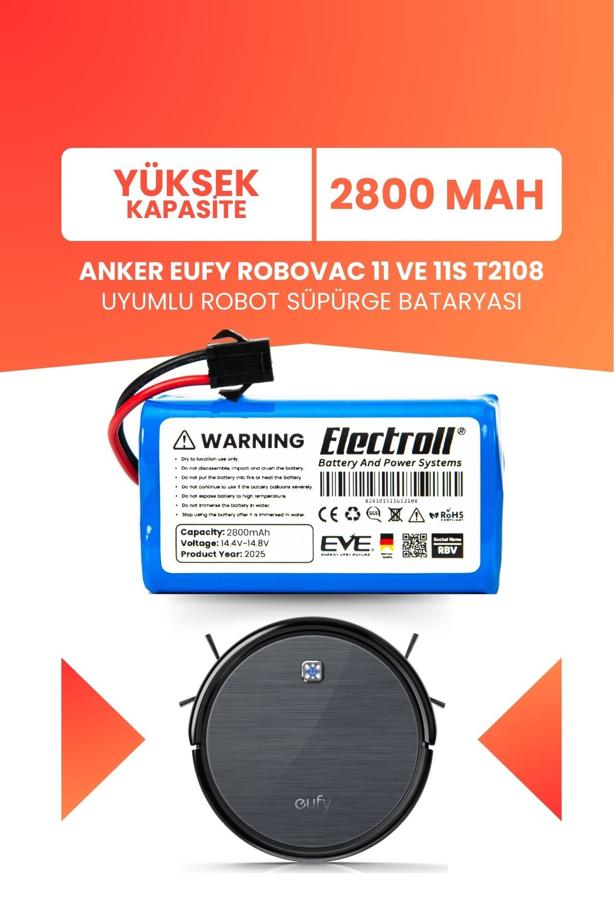 Eufy Robovac 11 Ve 11s T2108 Uyumlu Batarya (YÜKSEK KAPASİTE) 2800mah Robot Süpürge Bataryası