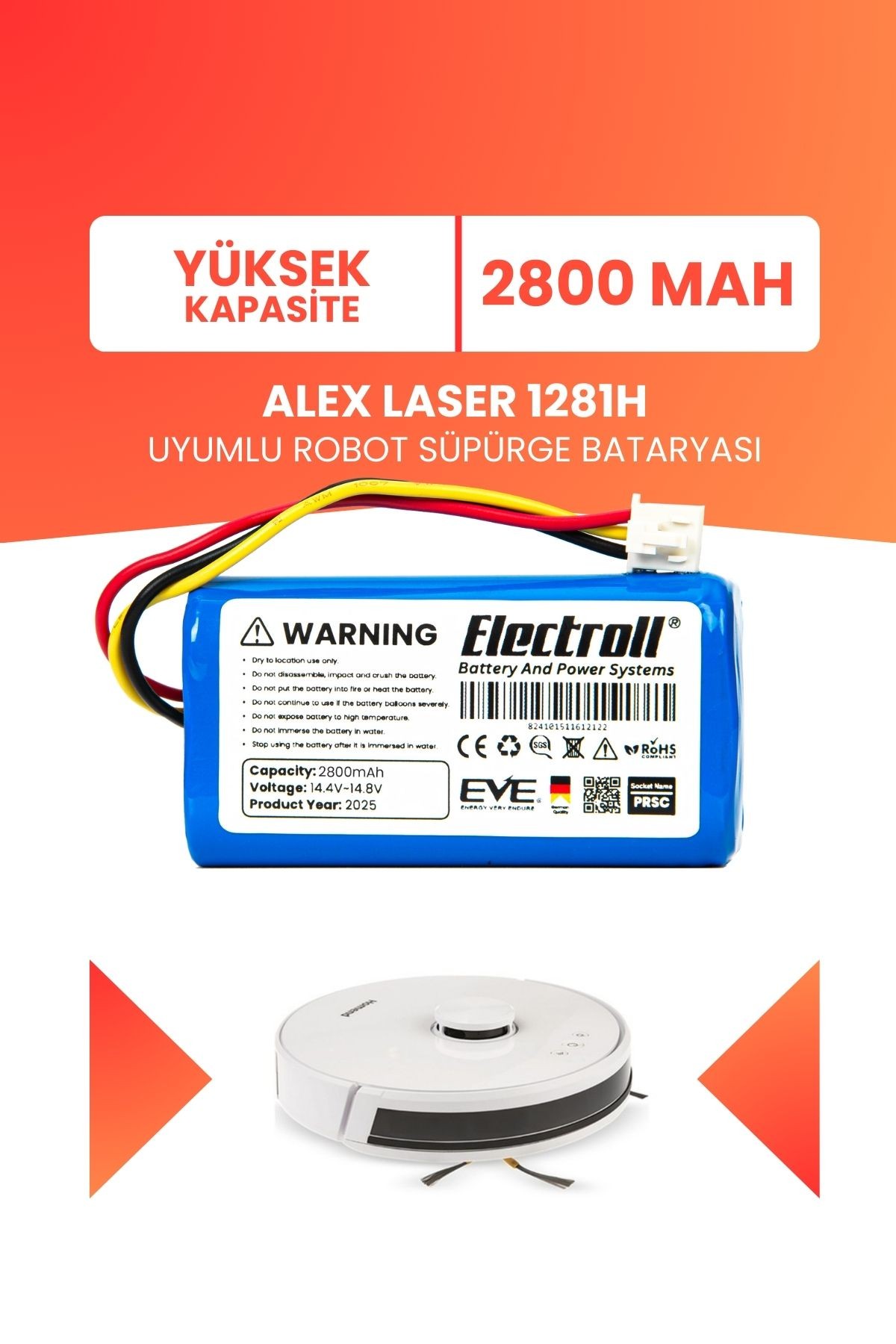 Alex Laser 1281h Uyumlu Batarya (YÜKSEK KAPASİTE) 2800mah Pil Robot Süpürge Bataryası Değişimi
