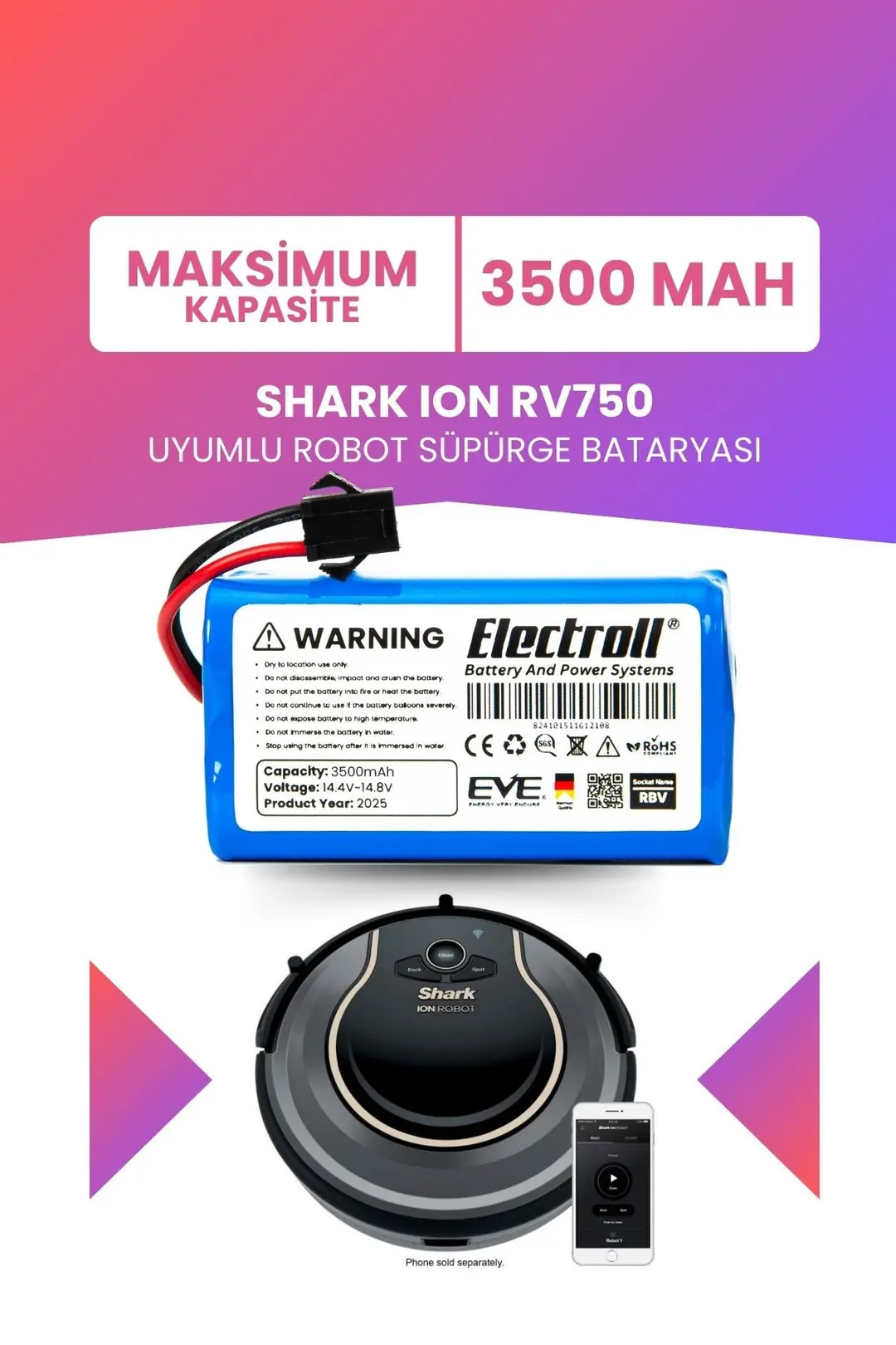 🔋Shark Ion Rv750 Robot Süpürge Bataryası | 3500mAh Maksimum Kapasite