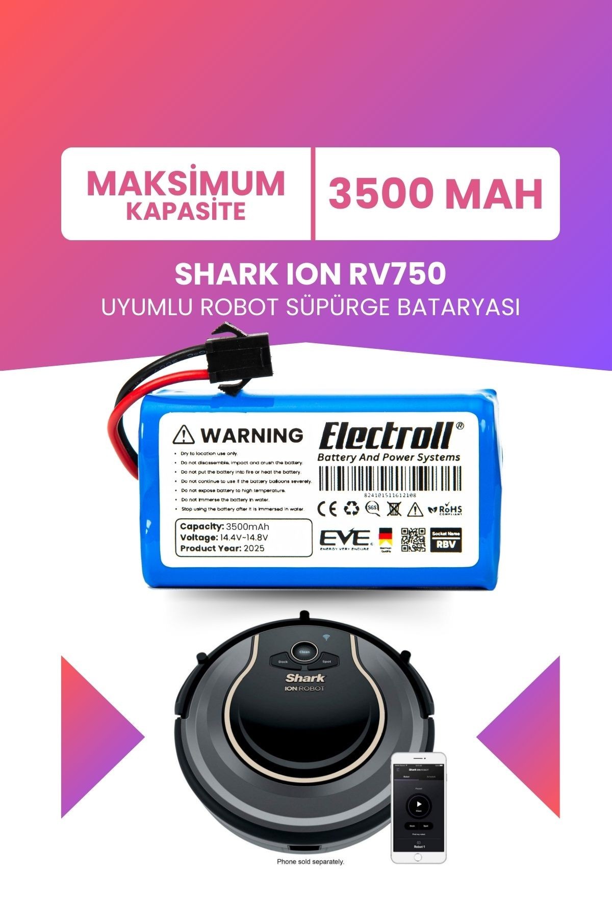 Shark Ion Rv750 Uyumlu Batarya (MAKSİMUM KAPASİTE) 3500mah Pil Robot Süpürge Bataryası