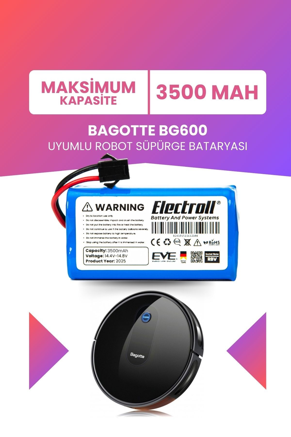 Bagotte Bg600 Uyumlu Batarya (MAKSİMUM KAPASİTE) 3500mah Pil Akıllı Robot Süpürge Bataryası