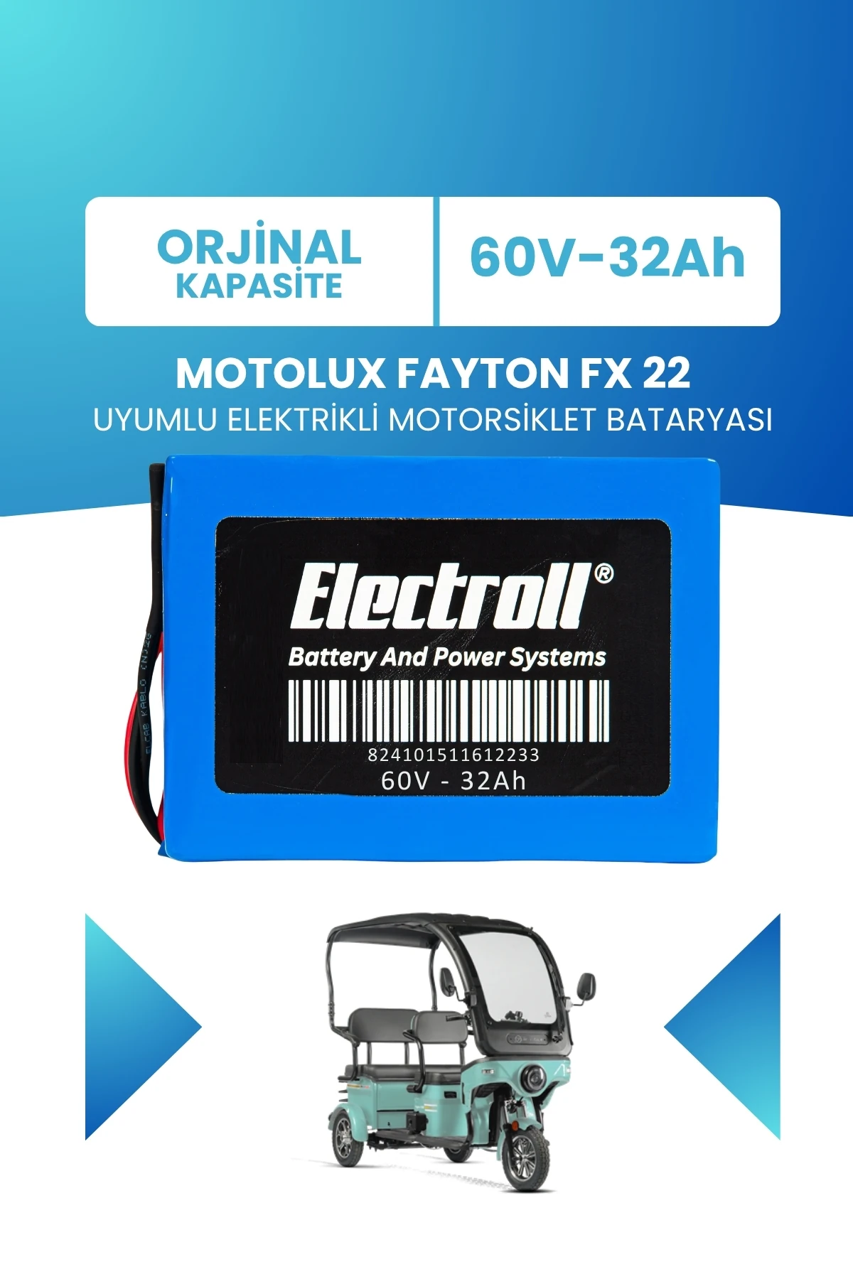 Motolux Fayton FX 22 Uyumlu Batarya (Standart Kapasite) LiFePO4 60V 32Ah Elektrikli Motorsiklet Bataryası