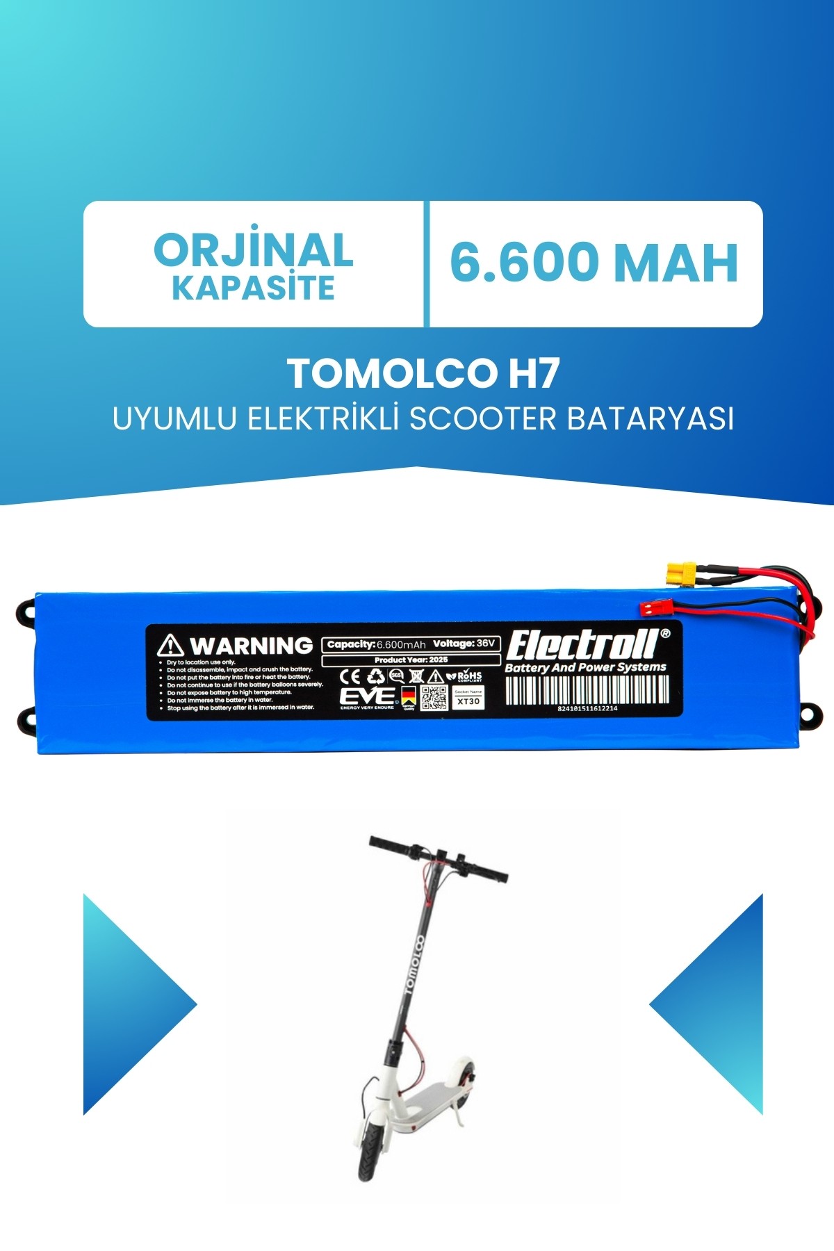 Tomolco H7 Batarya (ORJİNAL KAPASİTE) 36v 6.600mah Pil Elektrikli Scooter Bataryası Değişimi