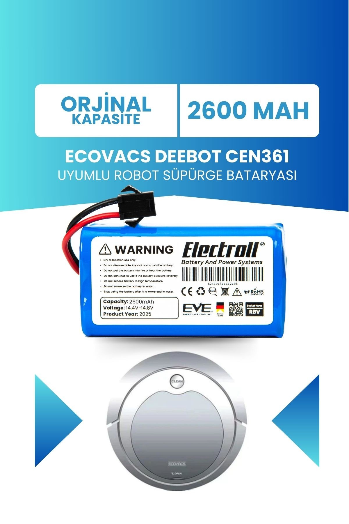 Ecovacs Deebot Cen361 Uyumlu Batarya (ORJİNAL KAPASİTE) 2600mah Pil Robot Süpürge Bataryası