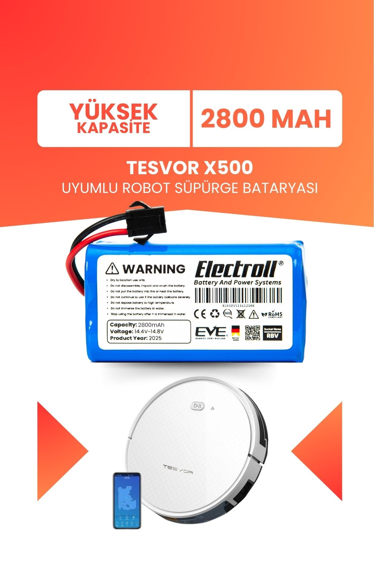 Tesvor X500 Pro Uyumlu Batarya (Yüksek Kapasite) 2800MAH Pil Robot Süpürge Bataryası