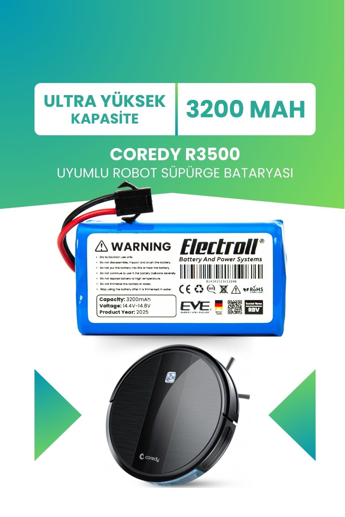 Coredy R3500 Uyumlu Batarya (ULTRA YÜKSEK KAPASİTE) 3200mah Pil Akıllı Robot Süpürge Bataryası