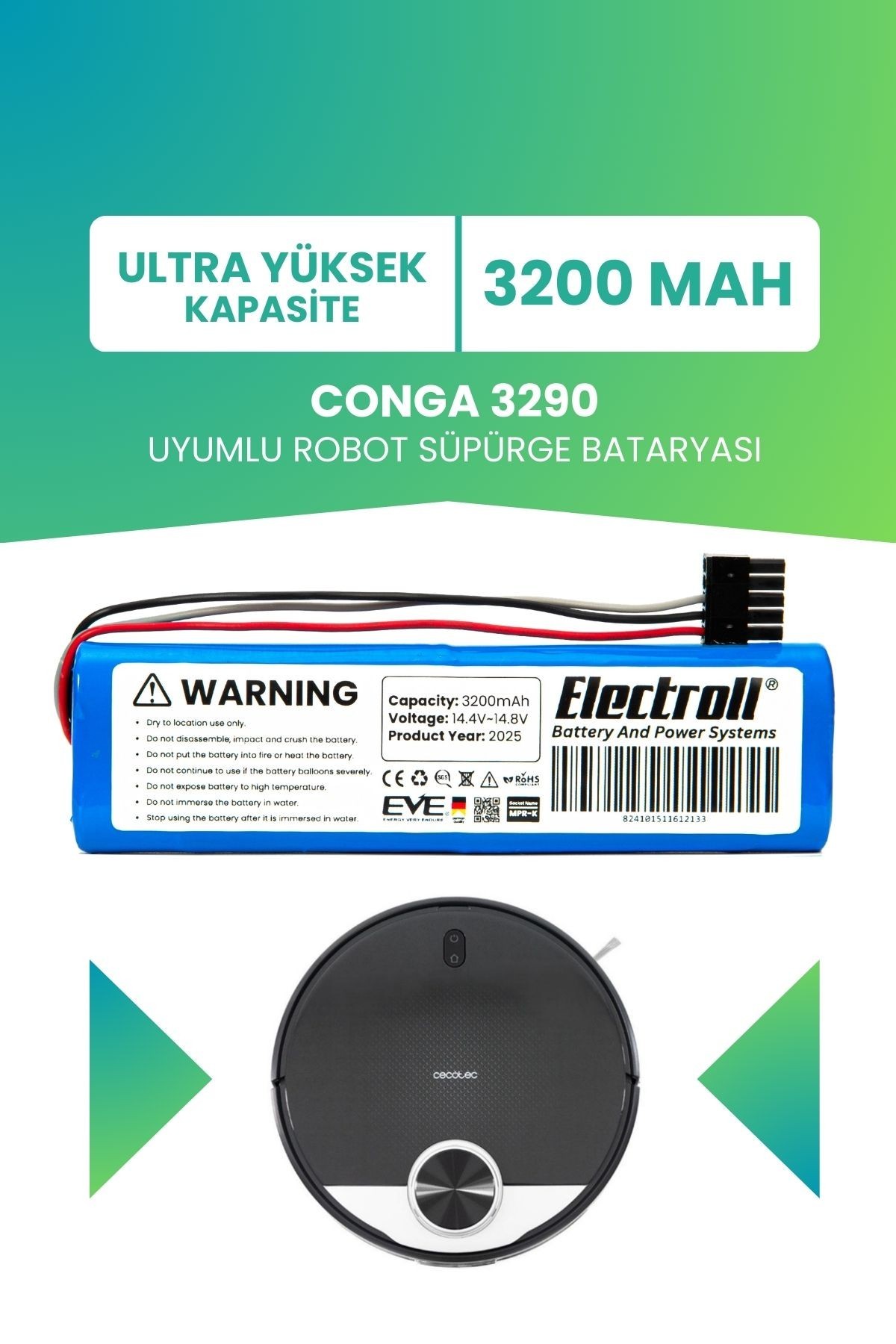 Conga 3290 Uyumlu Batarya (ULTRA YÜKSEK KAPASİTE) 3200mah Pil Robot Süpürge Bataryası Değişimi