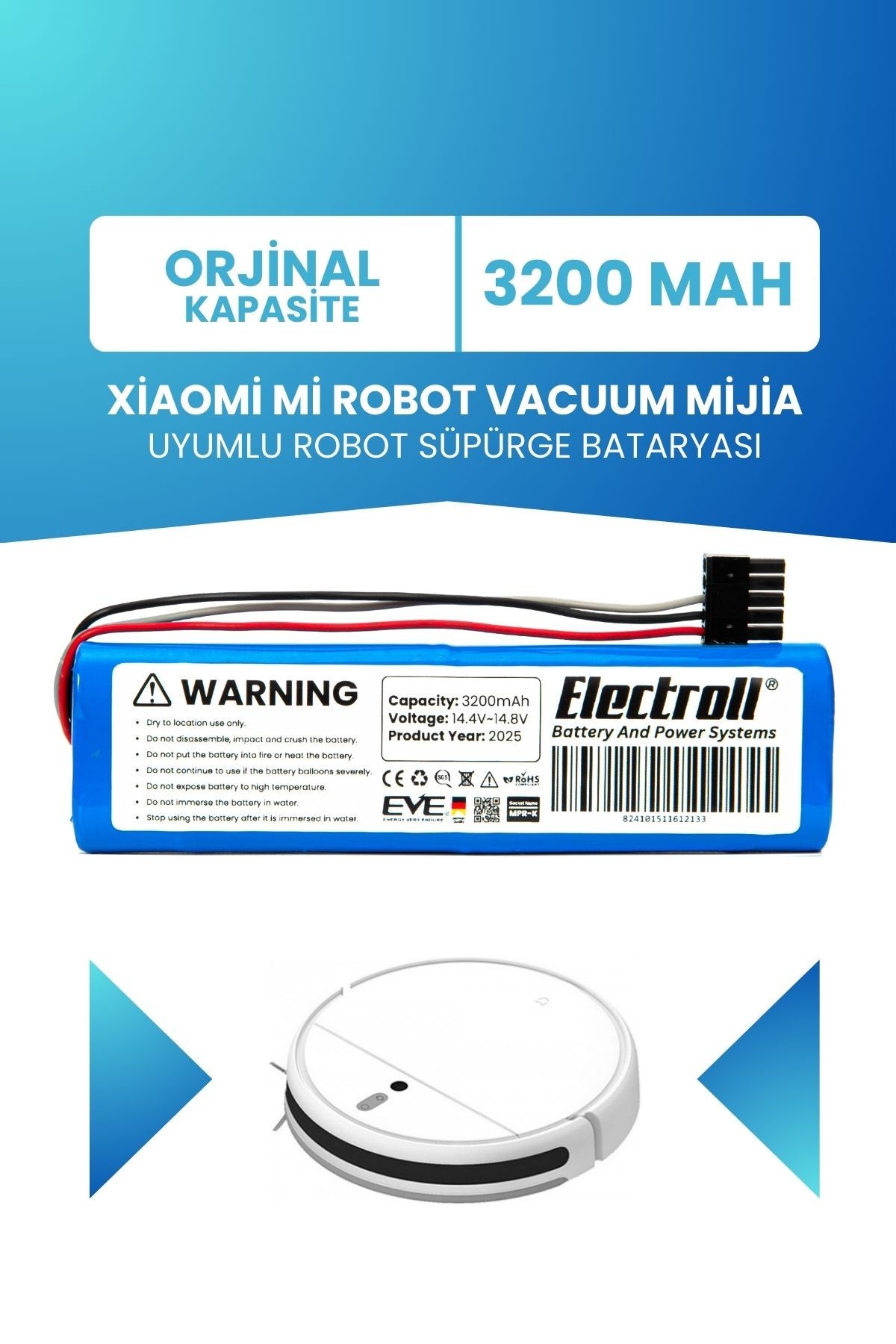 Xiaomi Mi Robot Vacuum Mijia Uyumlu Batarya (ORJİNAL KAPASİTE) 3200mah Pil Stytj01zhm Robot Süpürge