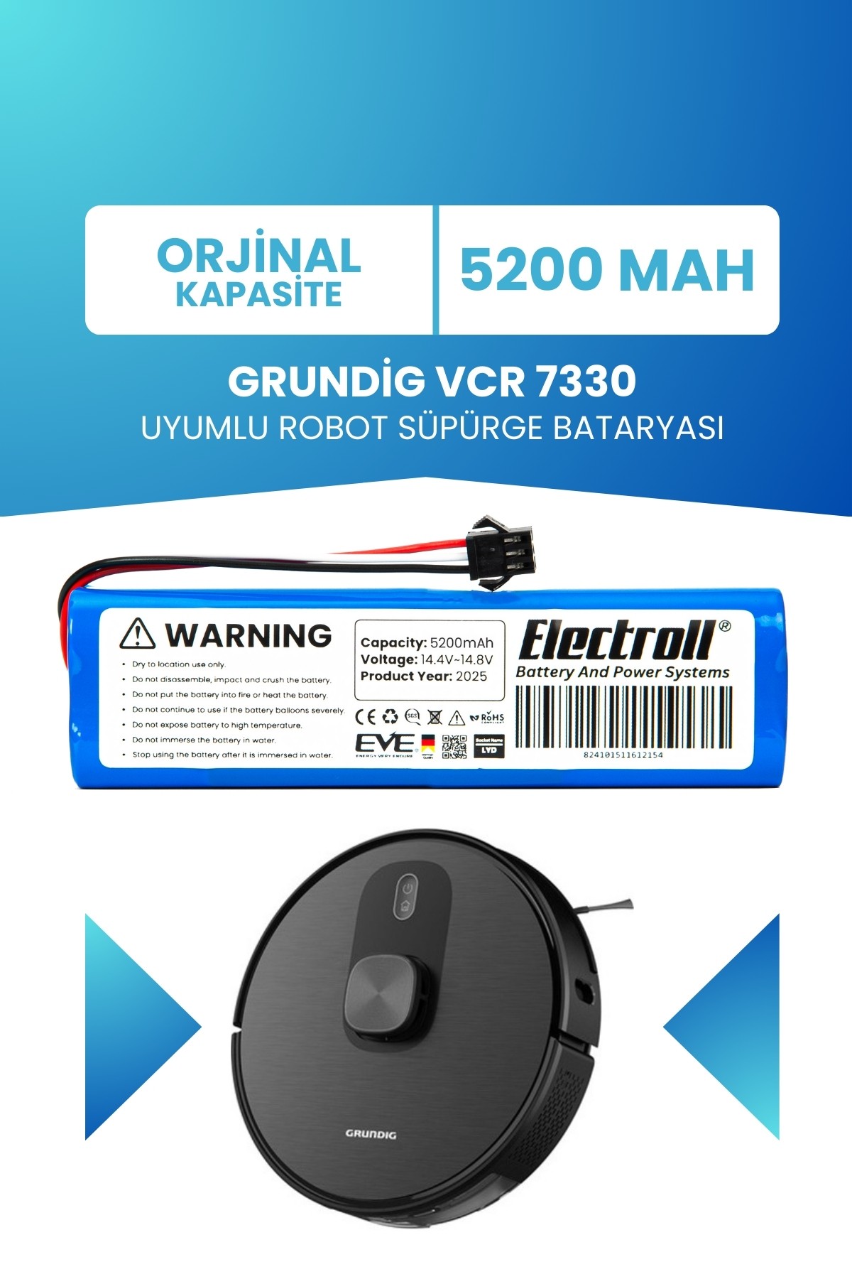 Grundig Vcr 7330 Uyumlu Batarya (STANDART KAPASİTE) 5200mah Robot Süpürge Bataryası
