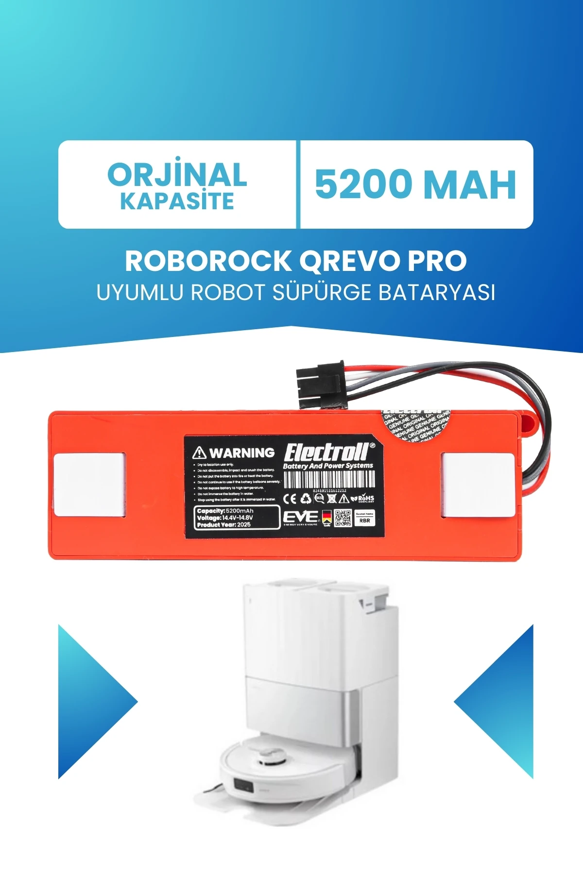 ROBOROCK QREVO PRO Uyumlu Batarya (Orjinal Kapasite) 5200MAH Pil Robot Süpürge Batarya Değişimi