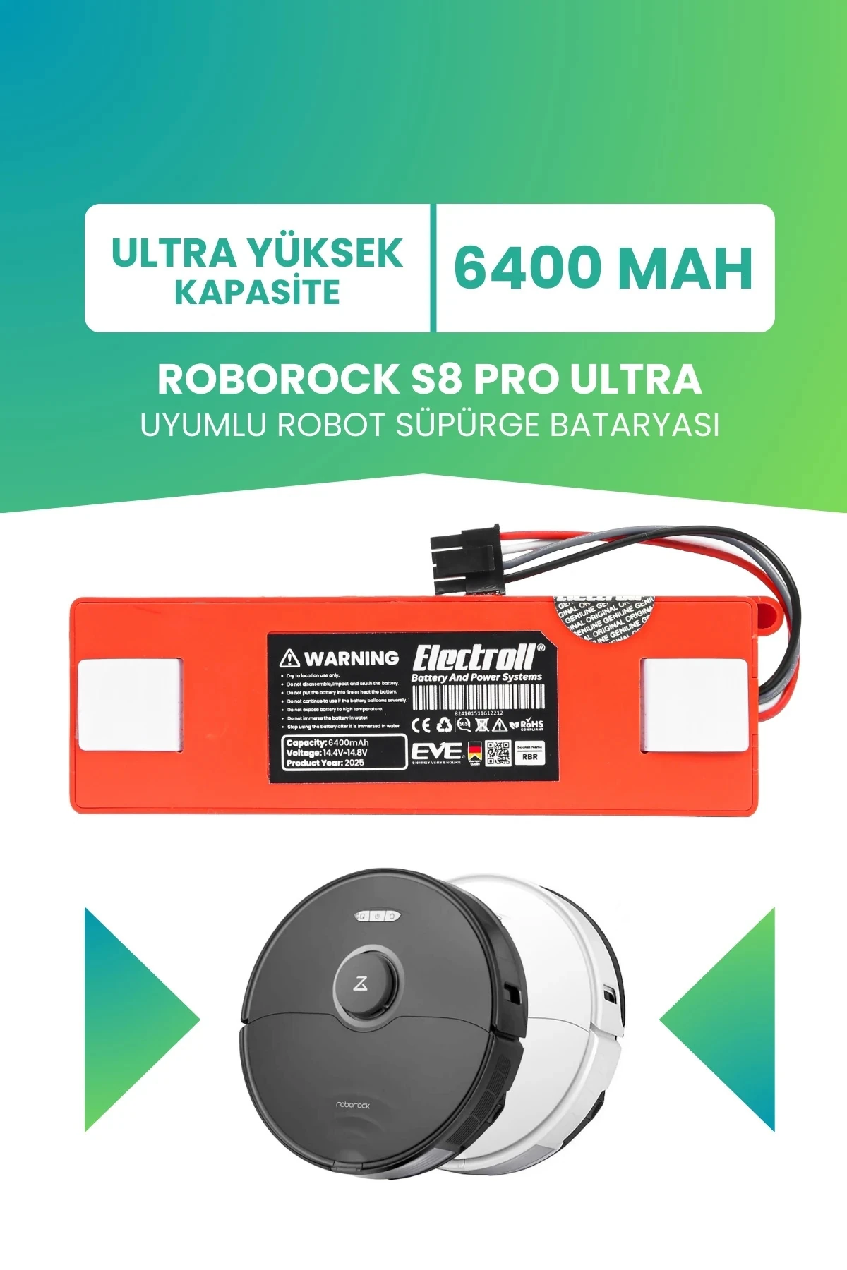 Roborock S8 Pro Ultra Uyumlu Batarya (ULTRA YÜKSEK KAPASİTE) 6400mah Kutulu Robot Süpürge Pil Değişimi