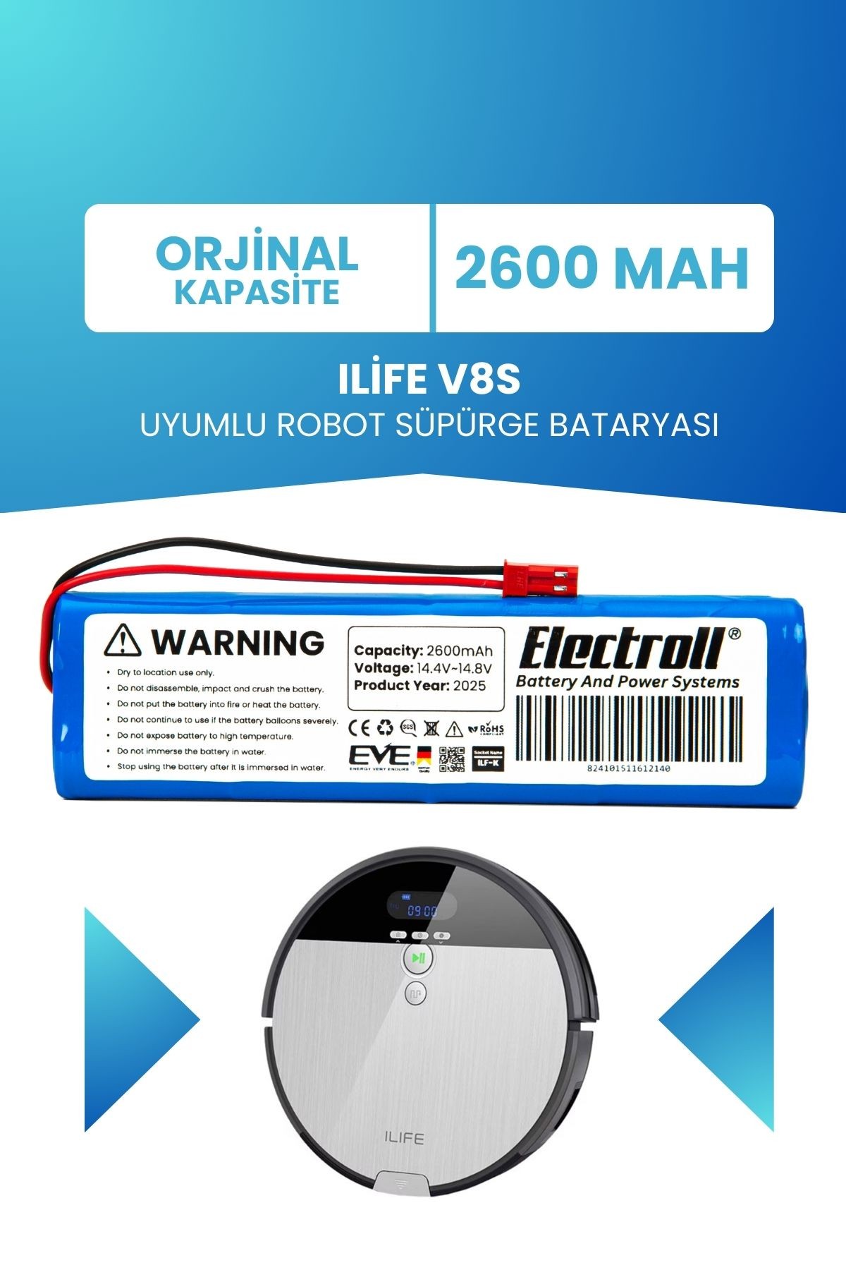 Ilife V8s Uyumlu Batarya (ORJİNAL KAPASİTE) 2600mah Pil Robot Süpürge Bataryası Değişimi