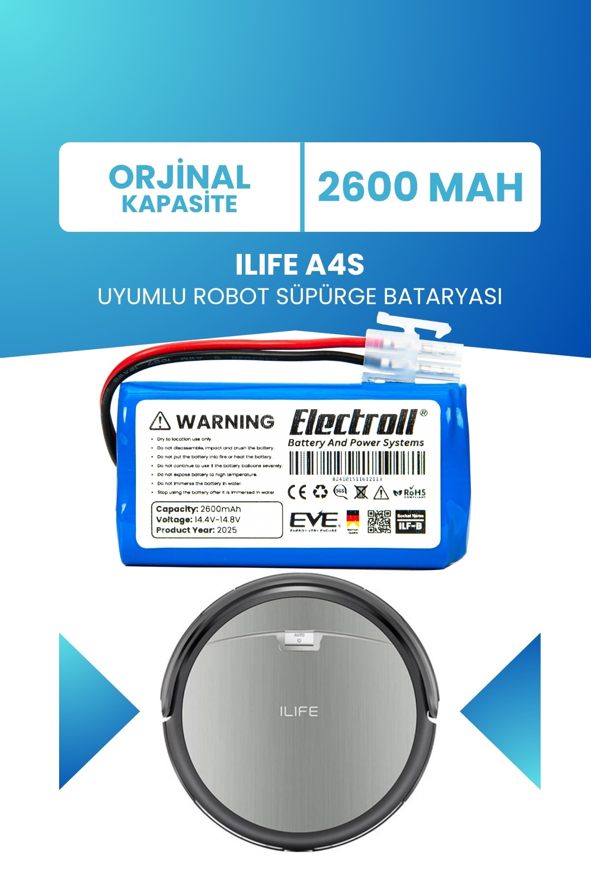 Ilıfe A4s Uyumlu Batarya (STANDART KAPASİTE) 2600mah Pil Robot Süpürge Bataryası