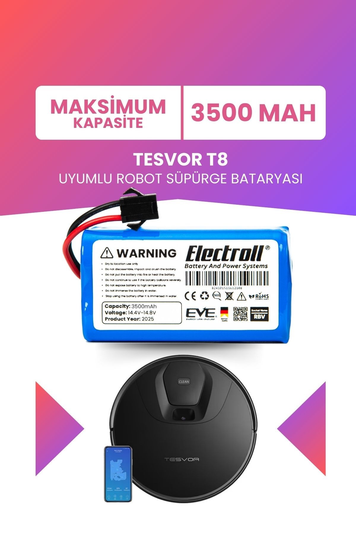Tesvor T8 Uyumlu Batarya (MAKSİMUM KAPASİTE) 3500mah Pil Robot Süpürge Bataryası