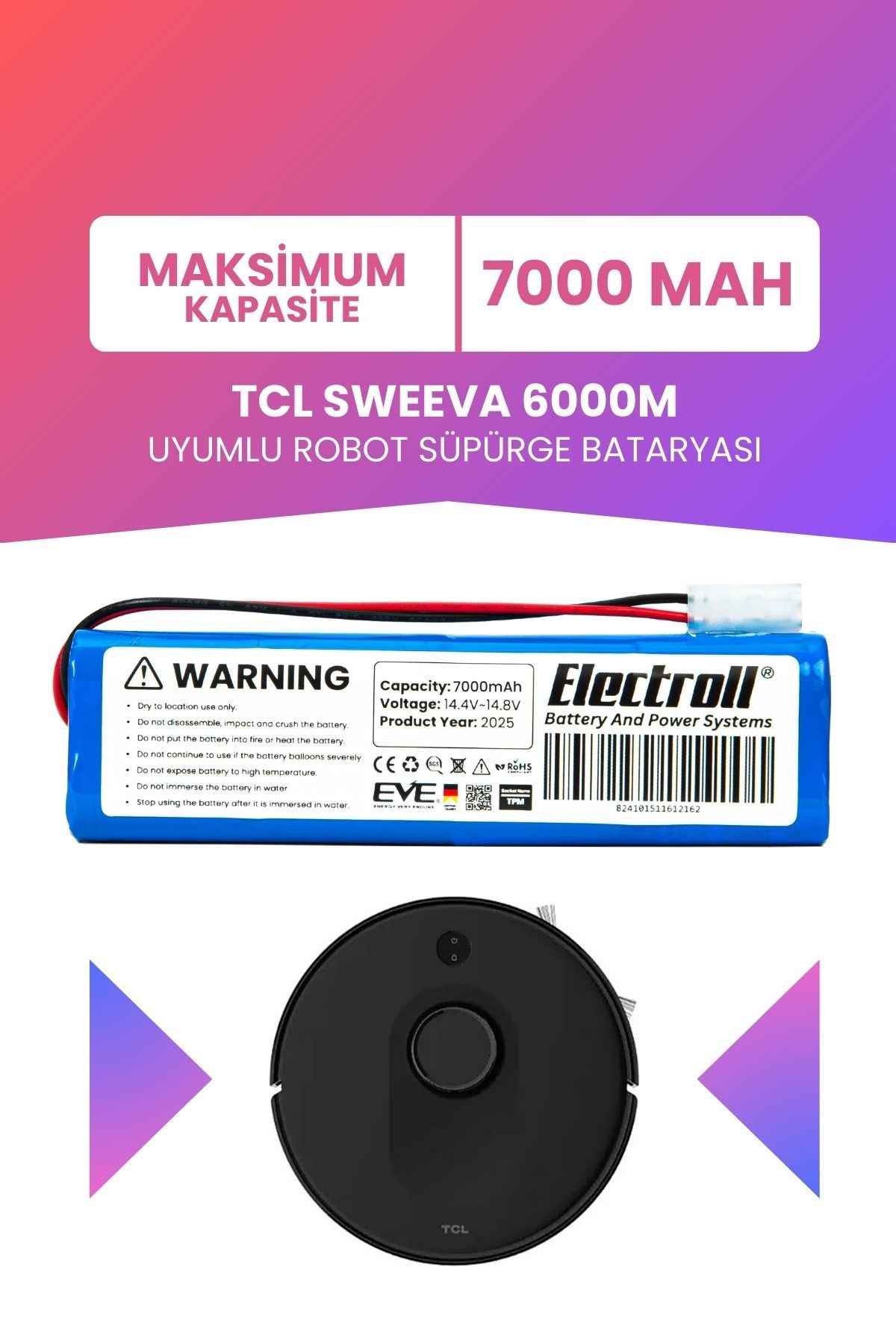 Tcl Sweeva 6000m Uyumlu Batarya (MAKSİMUM KAPASİTE) 7000mah Pil Robot Süpürge Bataryası Değişimi