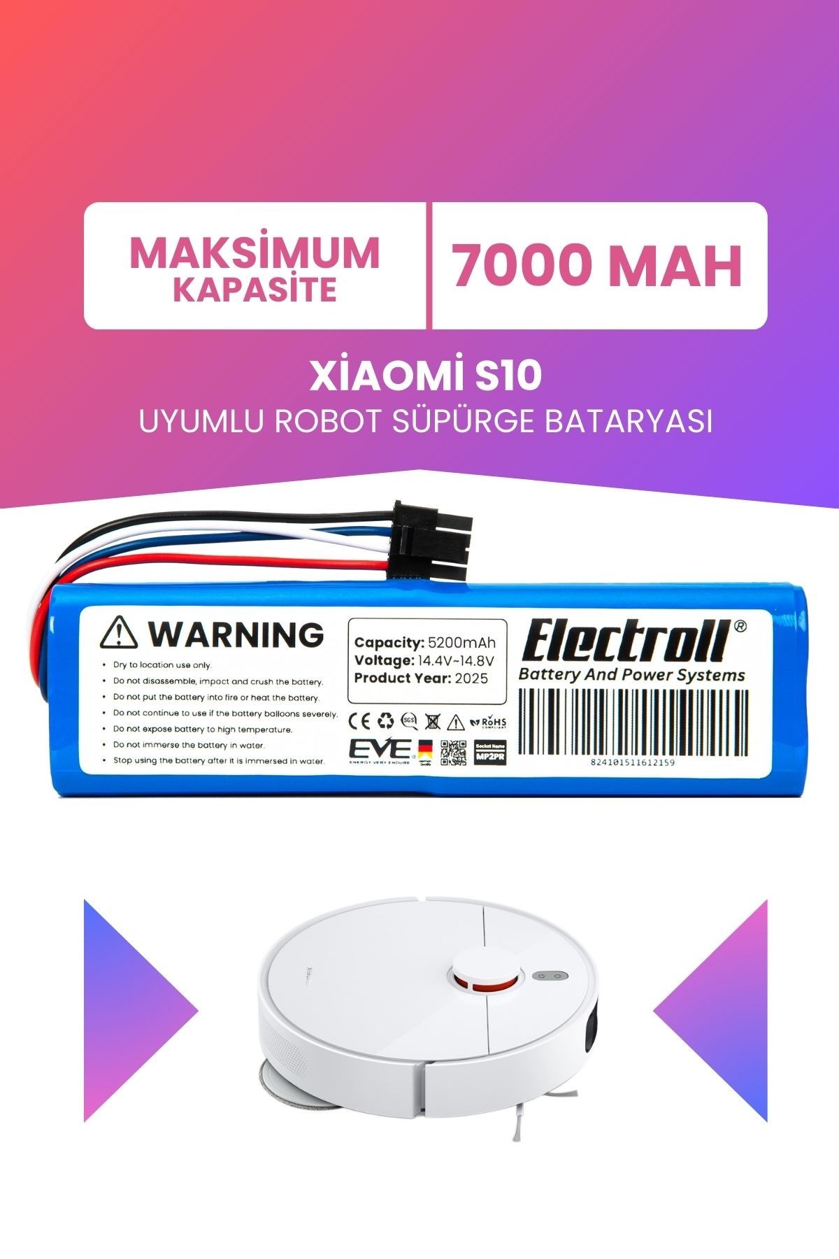 Xiaomi S10 Uyumlu Batarya (MAKSİMUM KAPASİTE) 7000mah Pil Robot Süpürge Bataryası Değişimi
