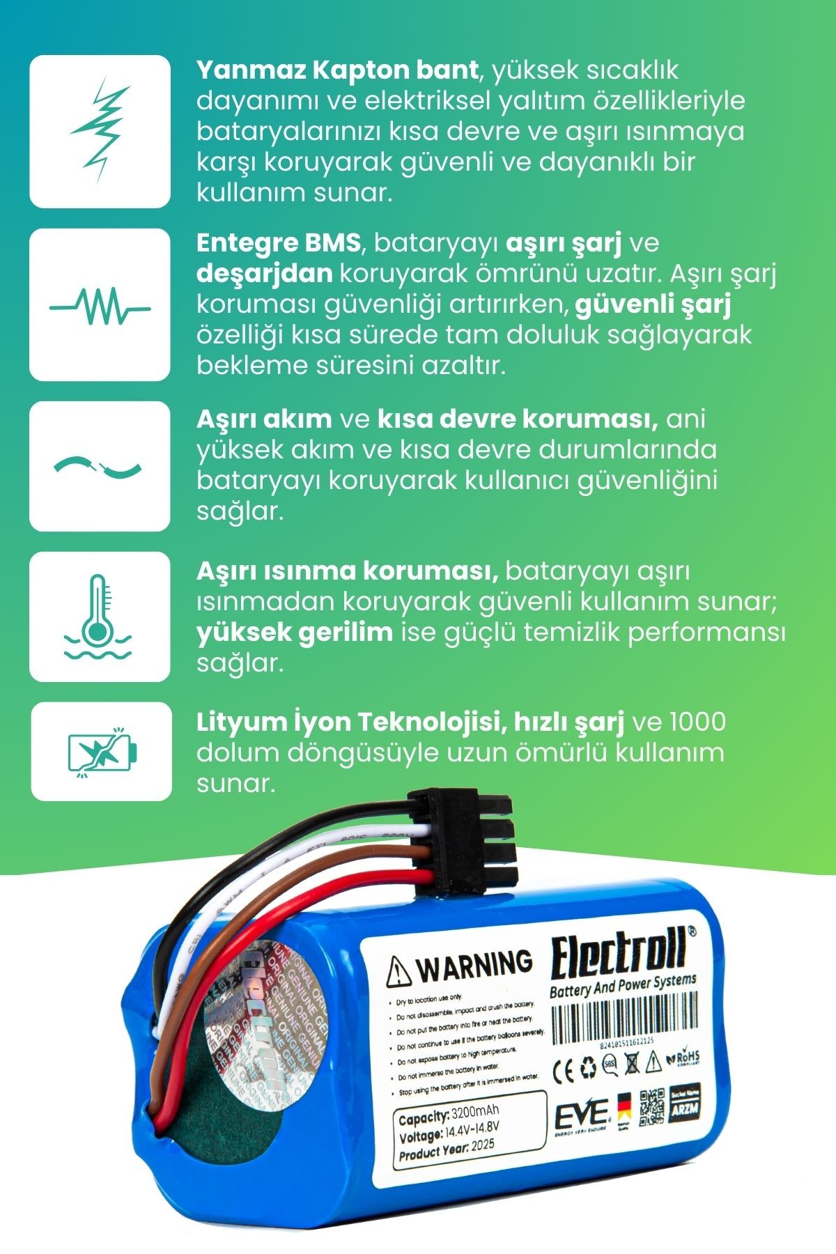 Arzum Robotek X2 Ar4301 Uyumlu Batarya (ULTRA YÜKSEK KAPASİTE) 3200mah Pil Robot Süpürge Bataryası