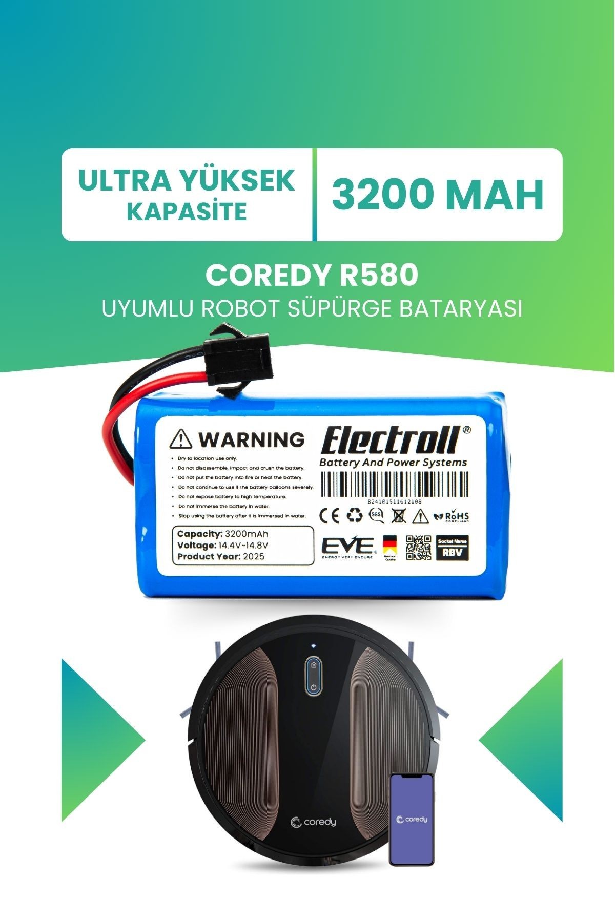 Coredy R580 Uyumlu Batarya (ULTRA YÜKSEK KAPASİTE) 3200mah Pil Akıllı Robot Süpürge Bataryası