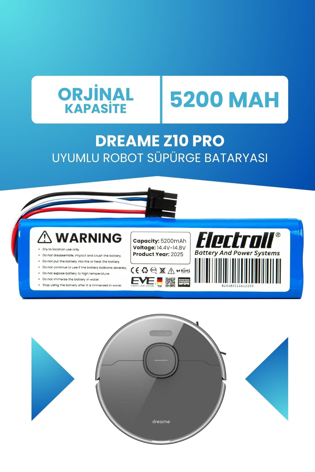 Dreame Z10 Pro Uyumlu Batarya (ORJİNAL KAPASİTE) 5200mah Akıllı Pil Robot Süpürge Bataryası Değişimi