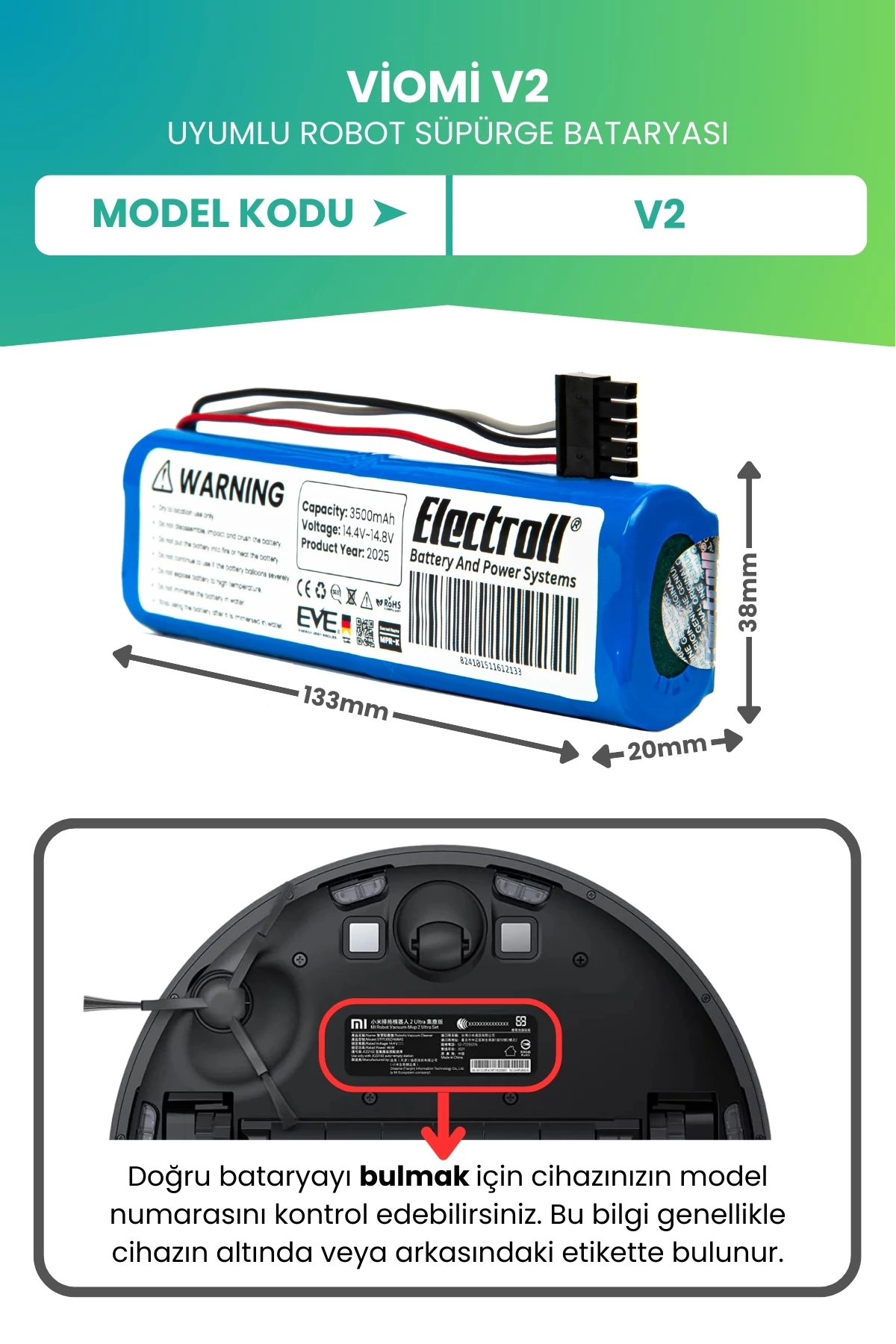 Viomi V2 Uyumlu Batarya (ULTRA YÜKSEK KAPASİTE) 3500mah Pil Robot Süpürge Bataryası Değişimi