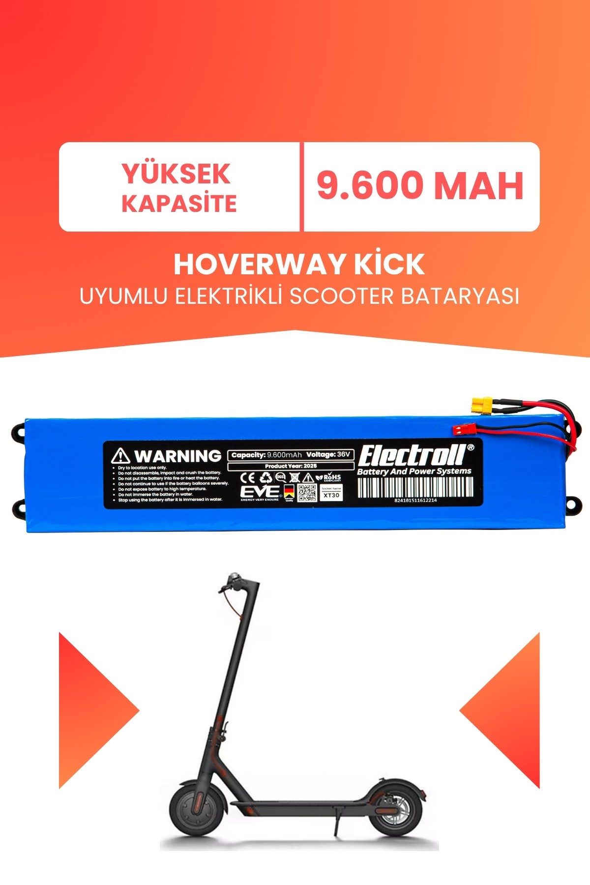 Hoverway Kick Uyumlu Batarya (Yüksek Kapasite) 36v 9.600Mah Elektrikli Scooter Bataryası