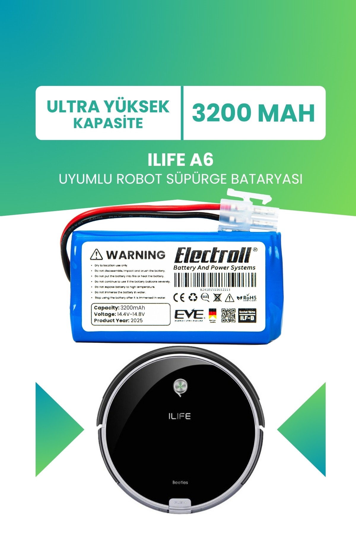 Ilıfe A6 Uyumlu Batarya (ULTRA YÜKSEK KAPASİTE) 3200mah Pil Robot Süpürge Bataryası