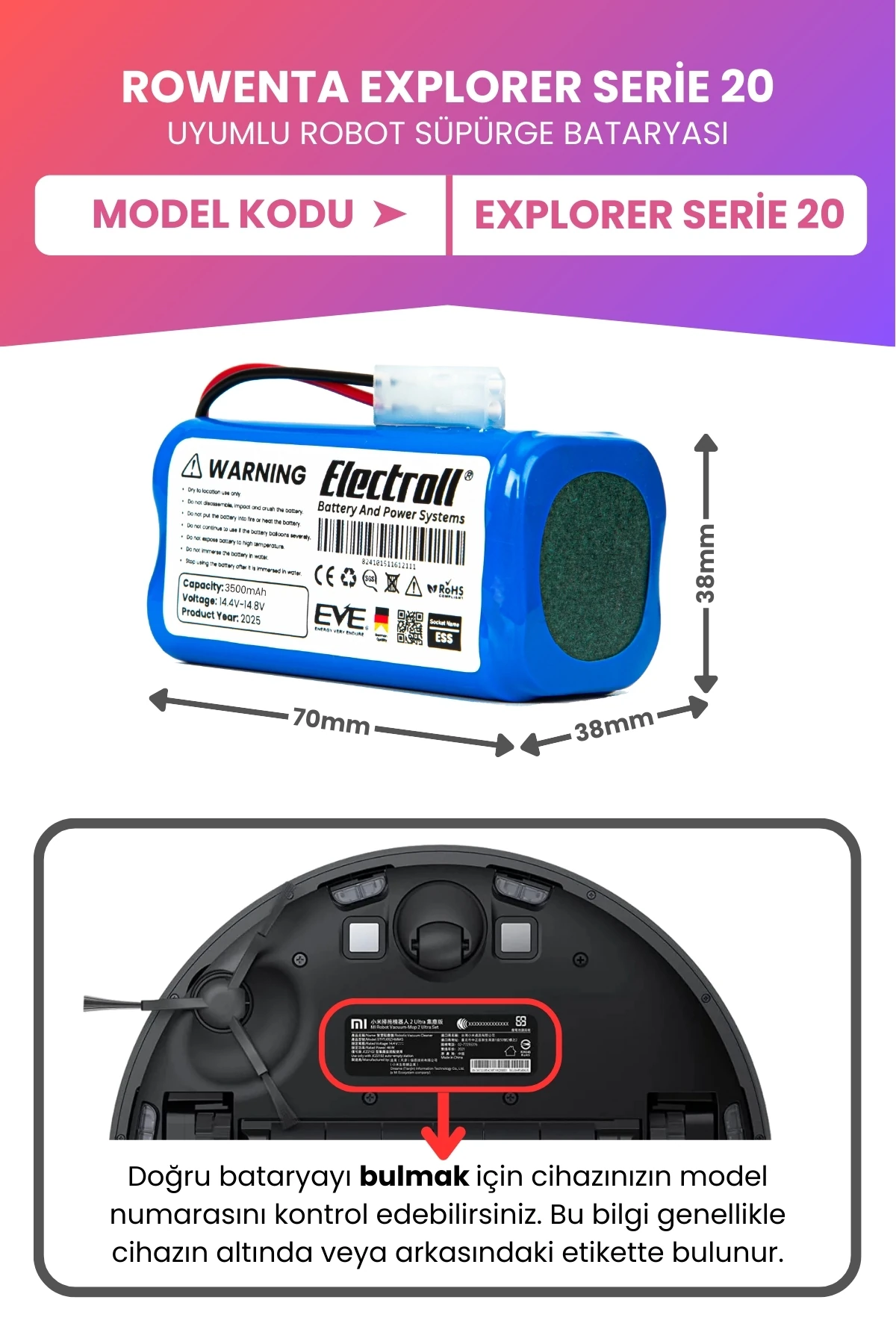 Rowenta Explorer Serie 20 Uyumlu Batarya (MAKSİMUM KAPASİTE) 3500mah Pil Robot Süpürge Batarya