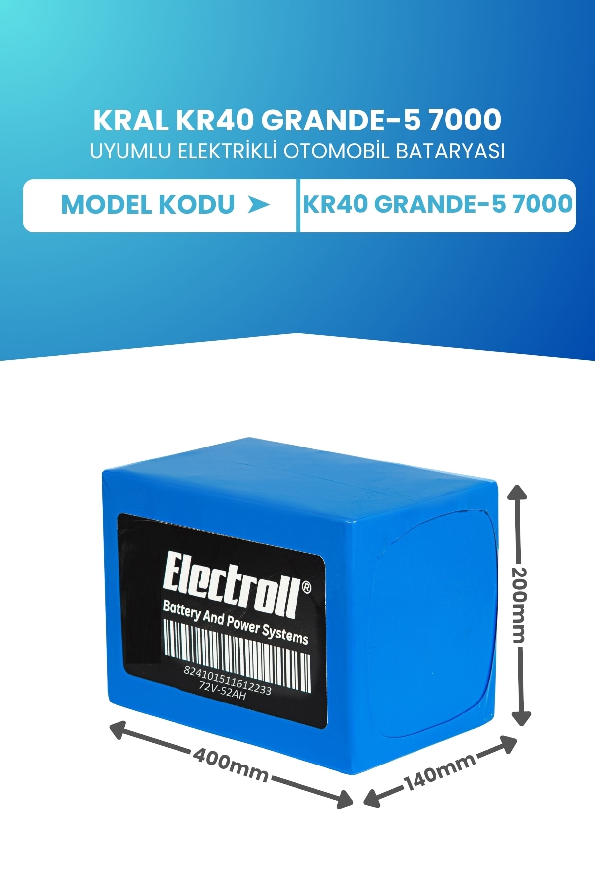 Kral Kr40 Grande-5 7000 Uyumlu Batarya (Standart Kapasite) Lifepo4 72V 52AH Elektrikli Otomobil Bataryası