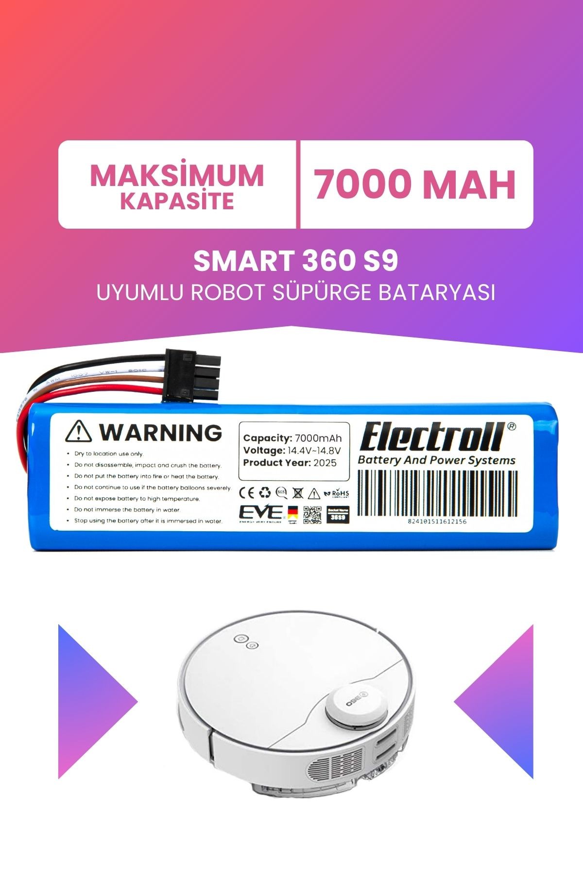 Smart 360 S9 Uyumlu Batarya (MAKSİMUM KAPASİTE) 7000mah Robot Süpürge Bataryası Değişimi 360RCS9US