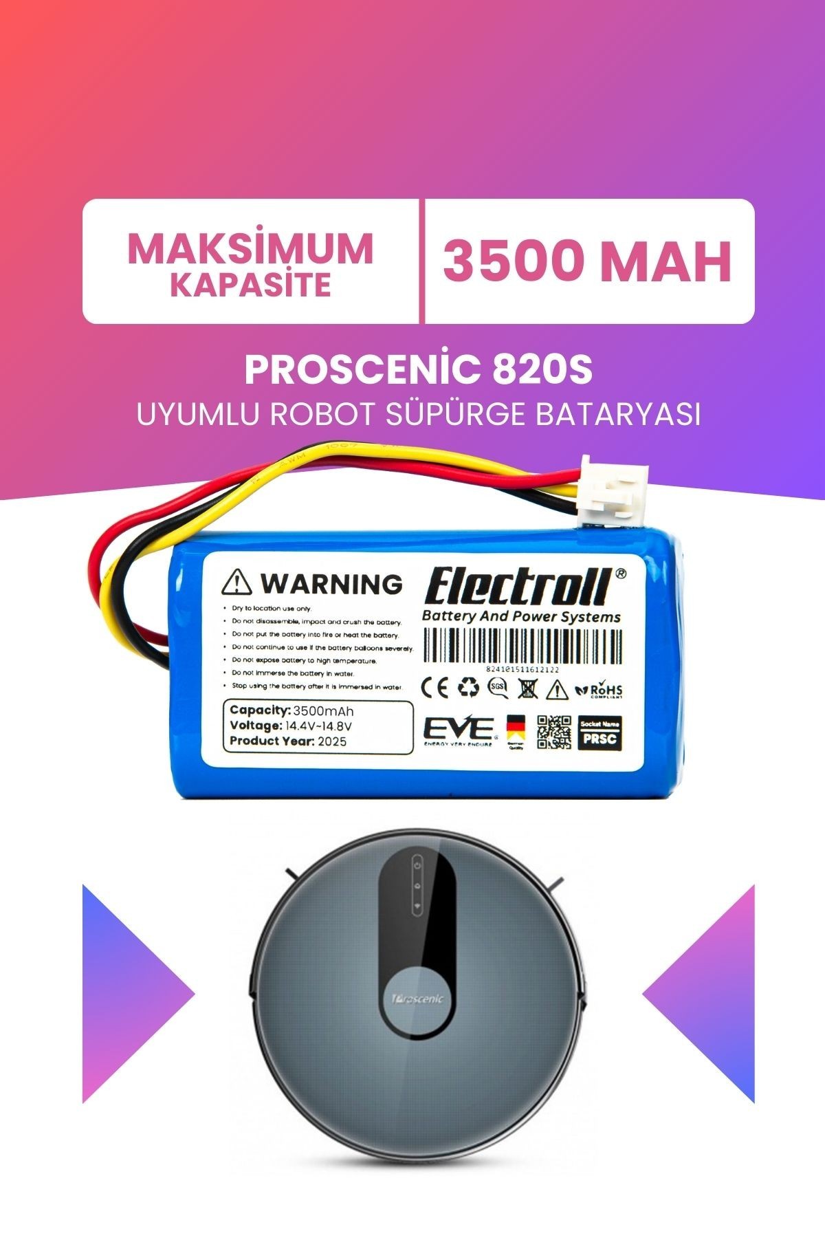 Proscenic 820s Uyumlu Batarya (MAKSİMUM KAPASİTE) 3500mah Pil Robot Süpürge Bataryası Değişimi