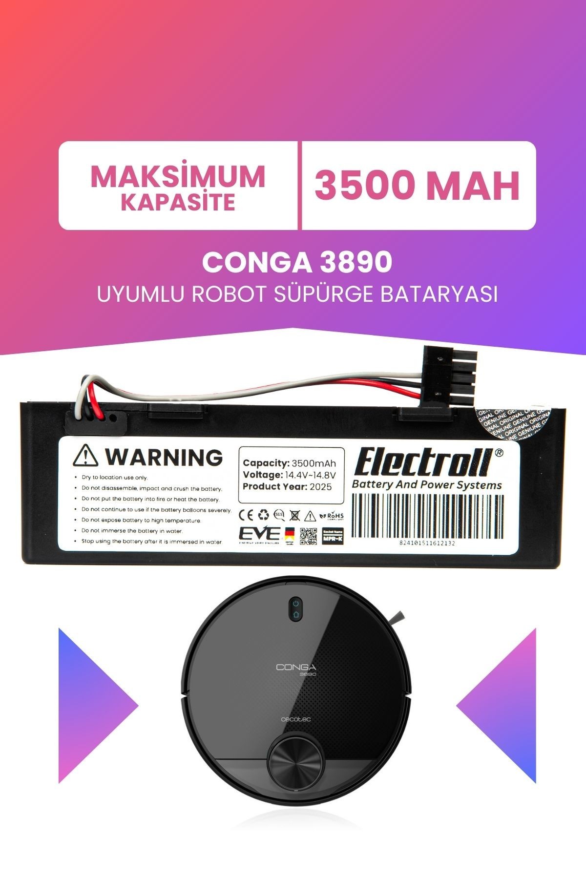 Conga 3890 Uyumlu Batarya (MAKSİMUM KAPASİTE) 3500mah Kutulu Robot Süpürge Bataryası Değişimi