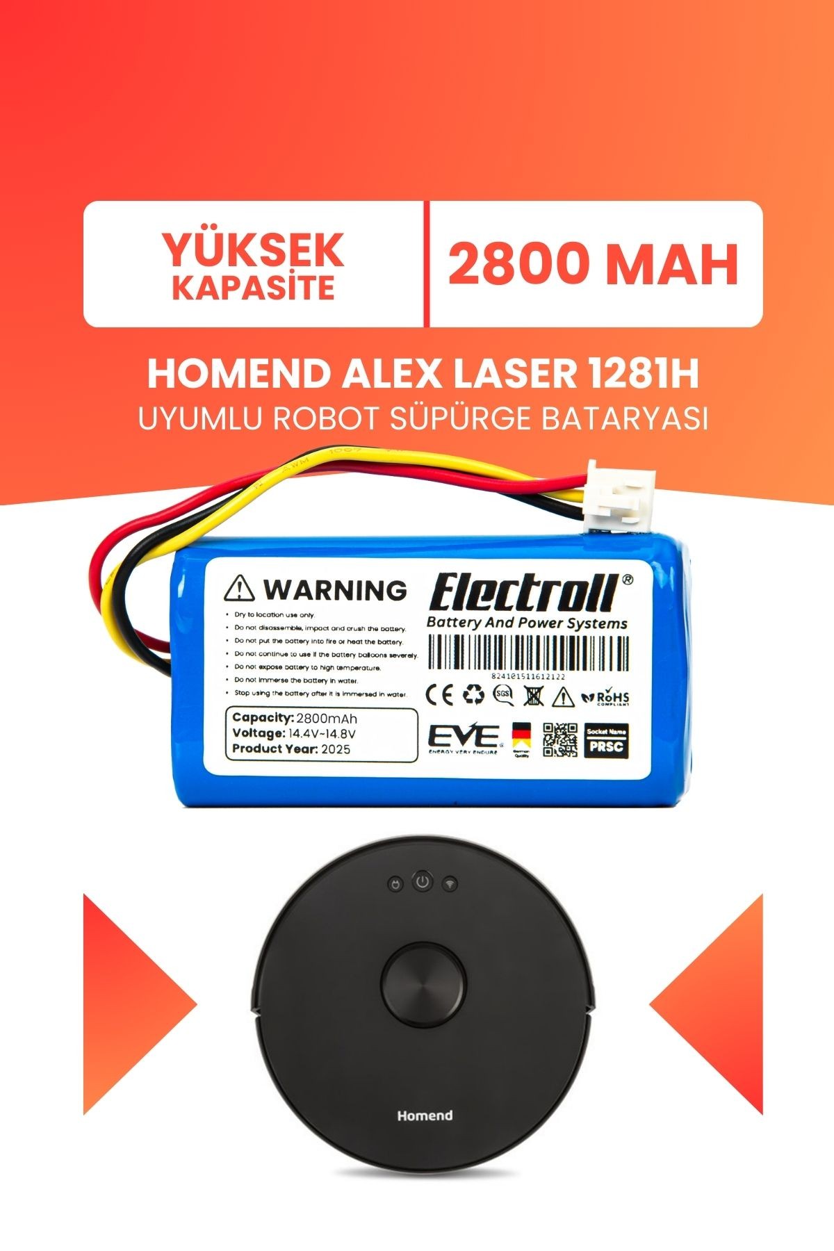 Homend Alex Laser 1281h Uyumlu Batarya (YÜKSEK KAPASİTE) 2800mah Pil Robot Süpürge Bataryası