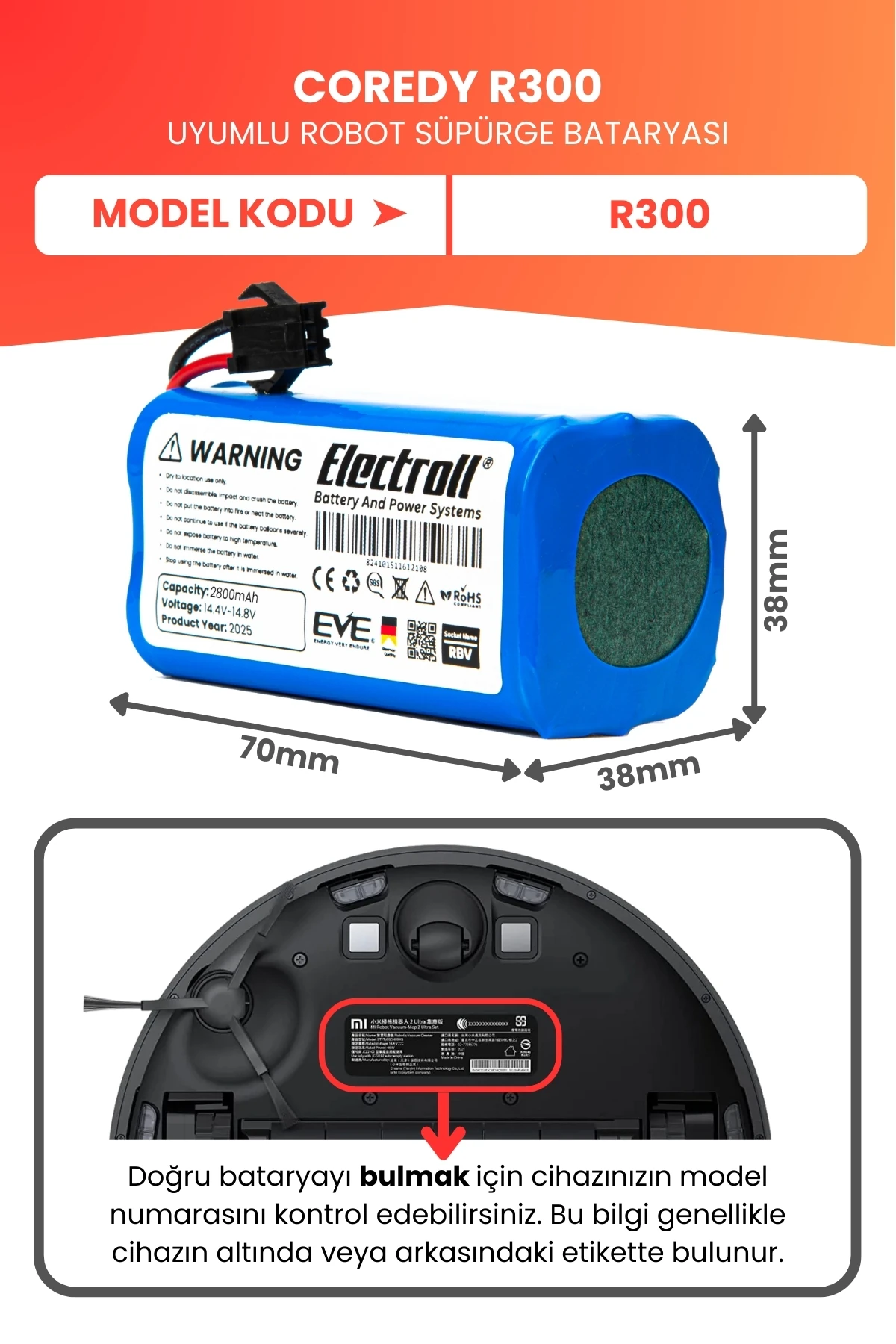 Coredy R300 Uyumlu Batarya (YÜKSEK KAPASİTE) 2800mah Pil Akıllı Robot Süpürge Bataryası