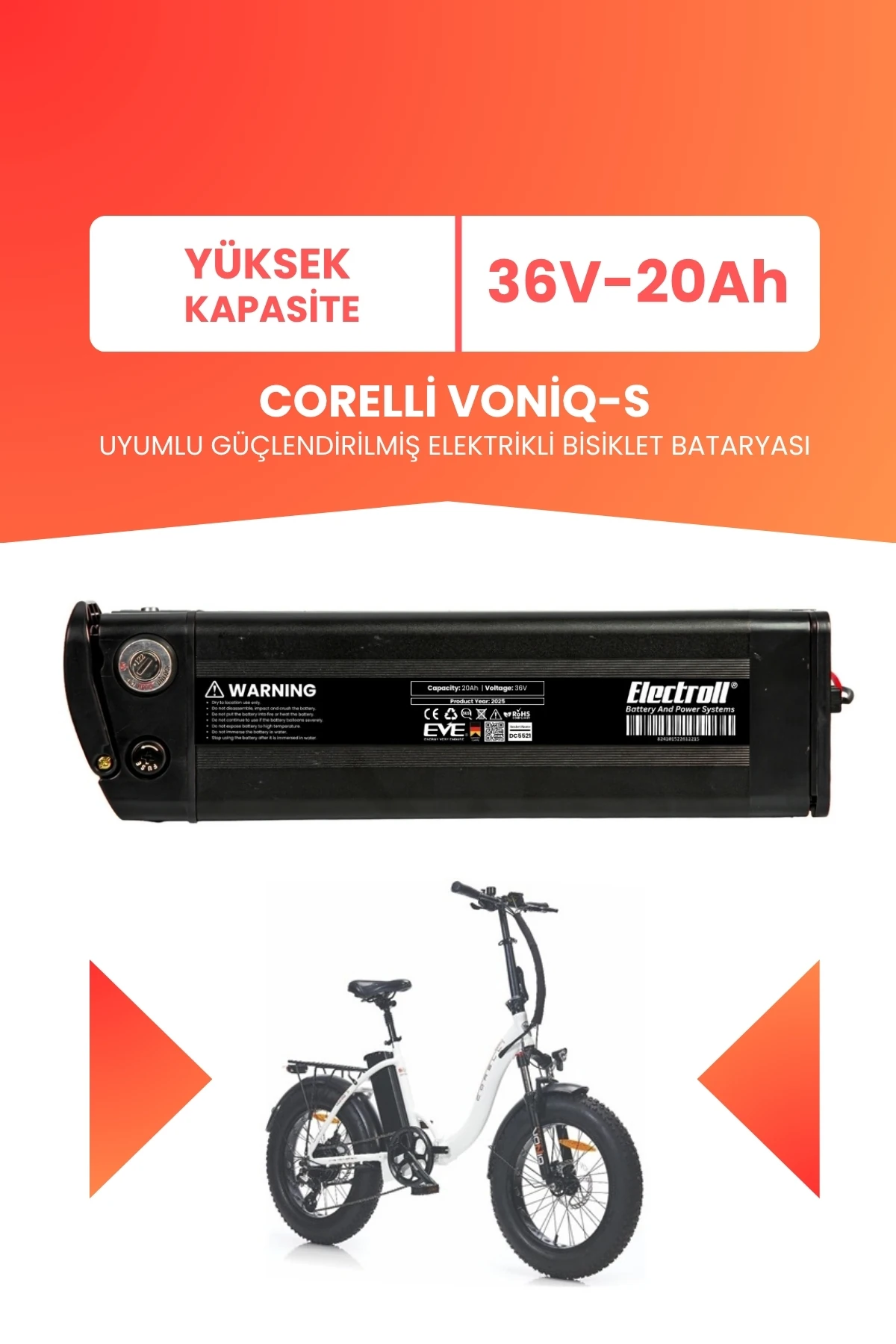 Corelli Voniq-S Uyumlu 36V 20Ah (Yüksek Kapasite) Güçlendirilmiş Elektrikli Bisiklet Batarya Tamir, Revizyon ve Pil Yenileme