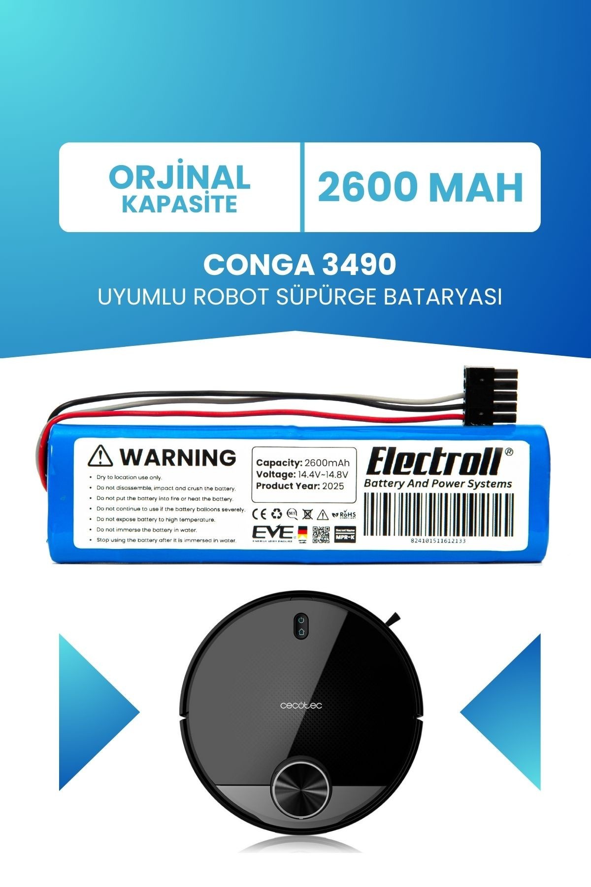 Conga 3490 Uyumlu Batarya (ORJİNAL KAPASİTE) 2600mah Pil Akıllı Robot Süpürge Bataryası Değişimi