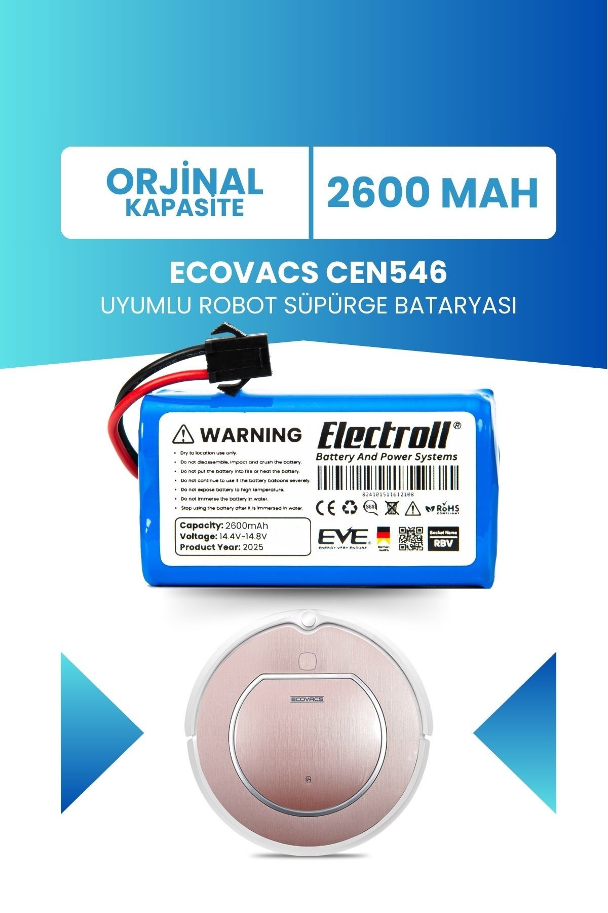 Ecovacs Cen546 Uyumlu Batarya (ORJİNAL KAPASİTE) 2600mah Pil Robot Süpürge Bataryası