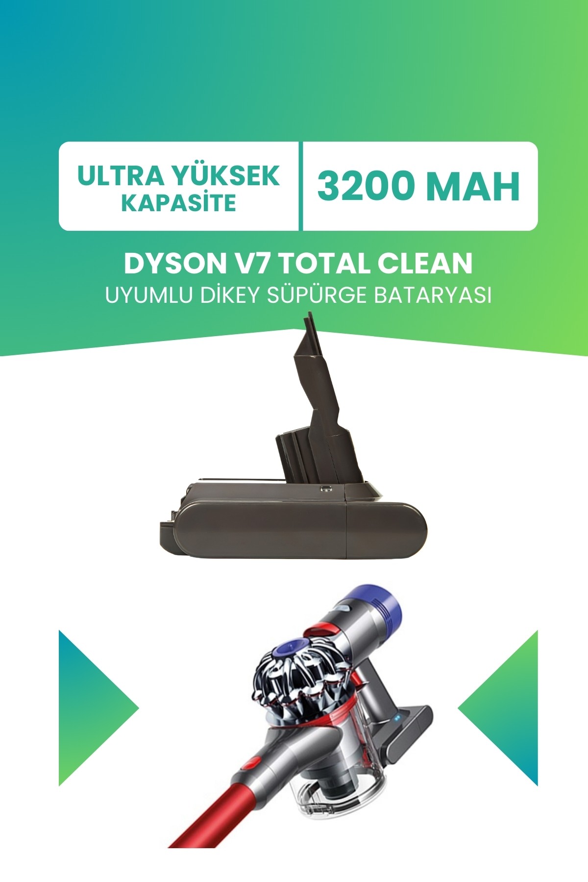 Dyson V7 Total Clean Uyumlu Batarya (ULTRA YÜKSEK KAPASİTE) 21.6 V 3200mah Dikey Süpürge Bataryası