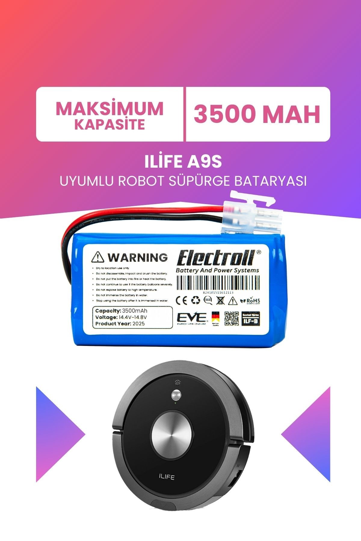Ilife A9S Uyumlu Batarya (MAKSİMUM KAPASİTE) 3500mah Pil Robot Süpürge Bataryası