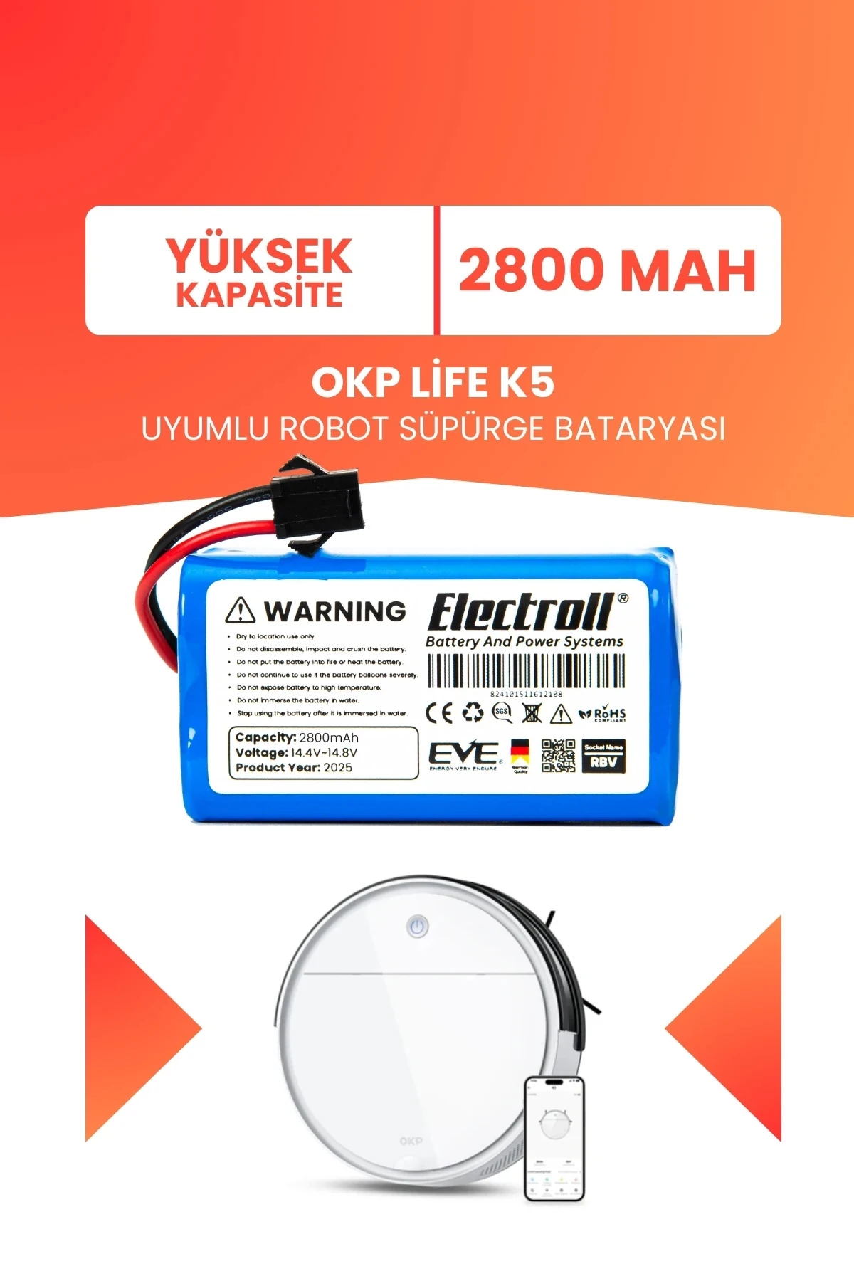 Okp Life K5 Uyumlu Batarya (YÜKSEK KAPASİTE) 2800mah Pil Robot Süpürge Bataryası