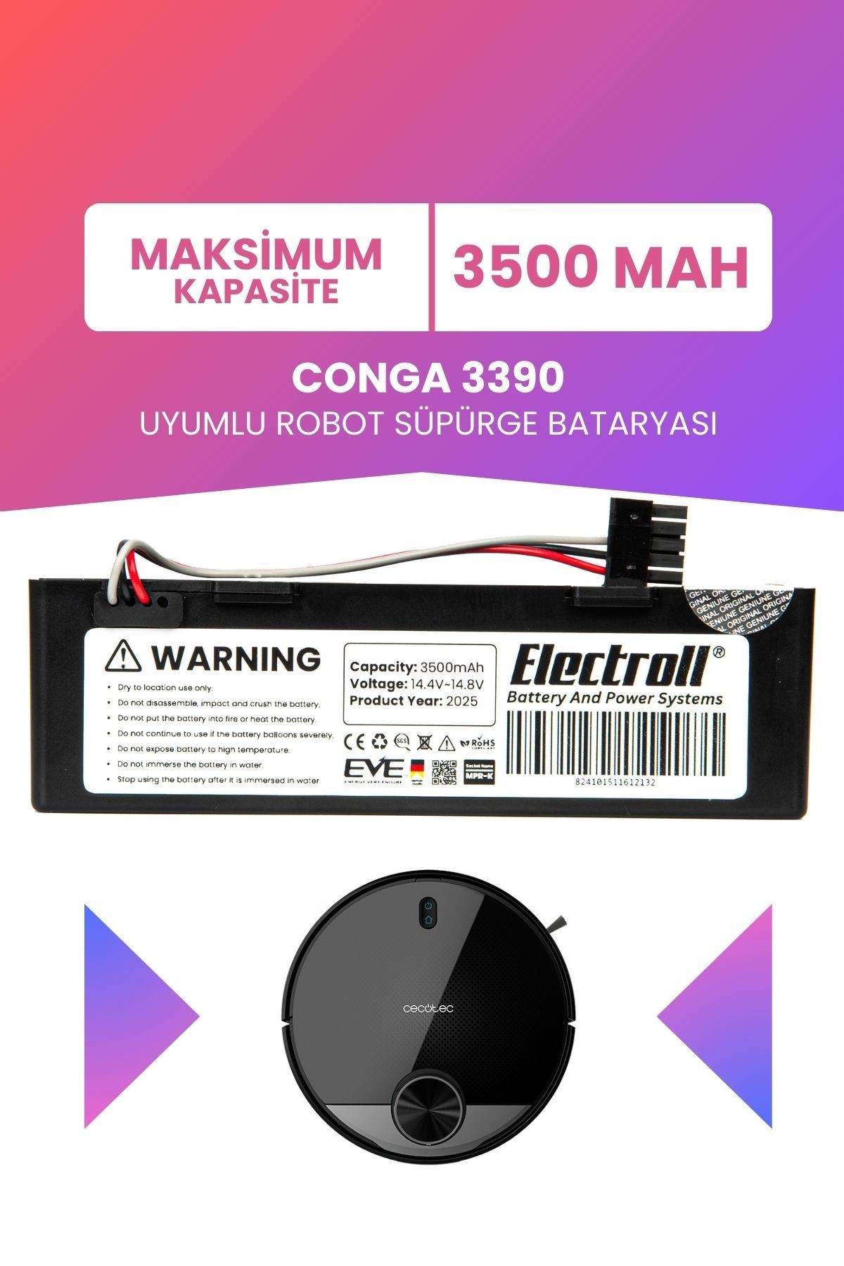 Conga 3390 Uyumlu Batarya (MAKSİMUM KAPASİTE) 3500mah Pil Kutulu Robot Süpürge Bataryası Değişimi
