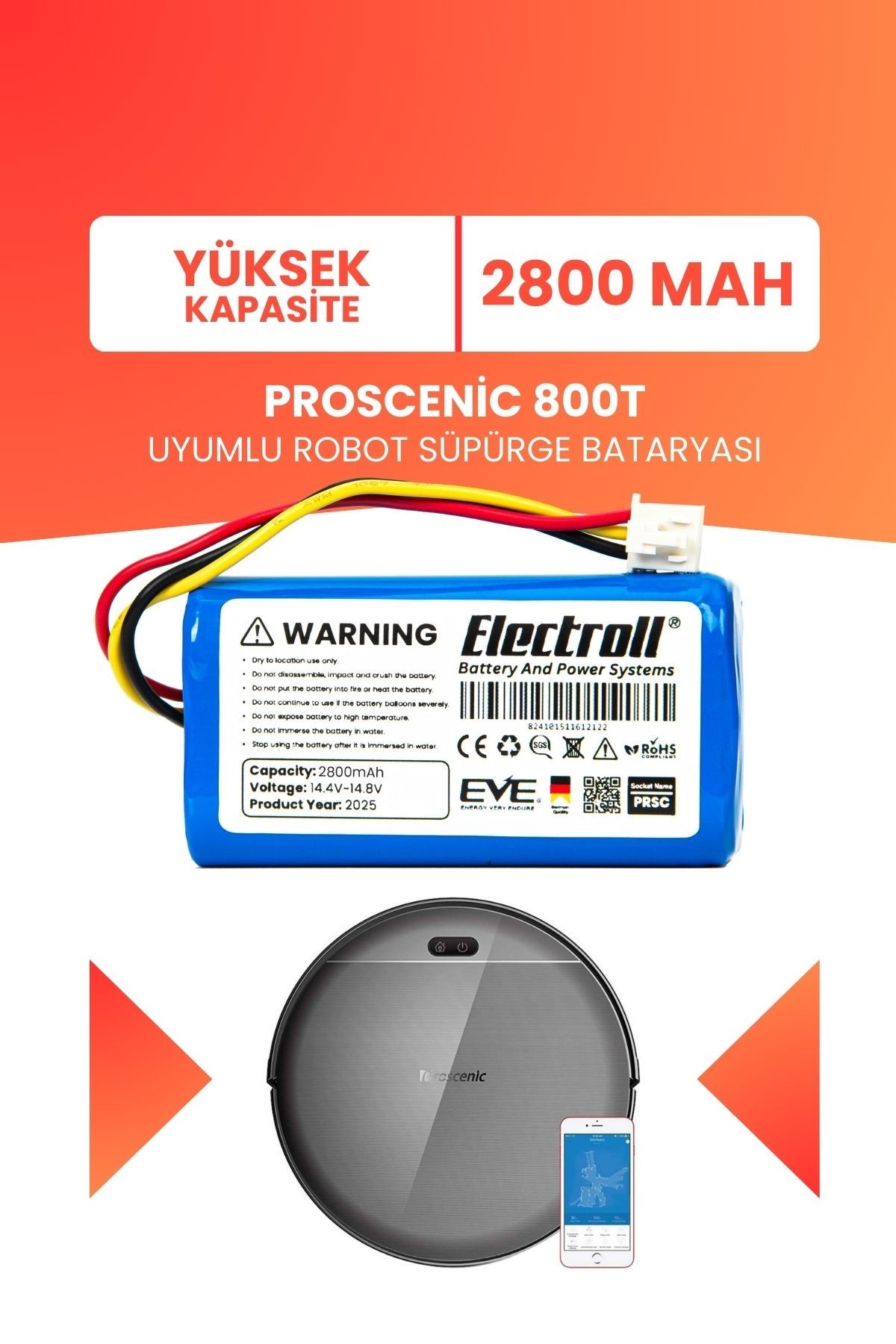 Proscenic 800t Uyumlu Batarya (YÜKSEK KAPASİTE) 2800mah Pil Robot Süpürge Bataryası Değişimi