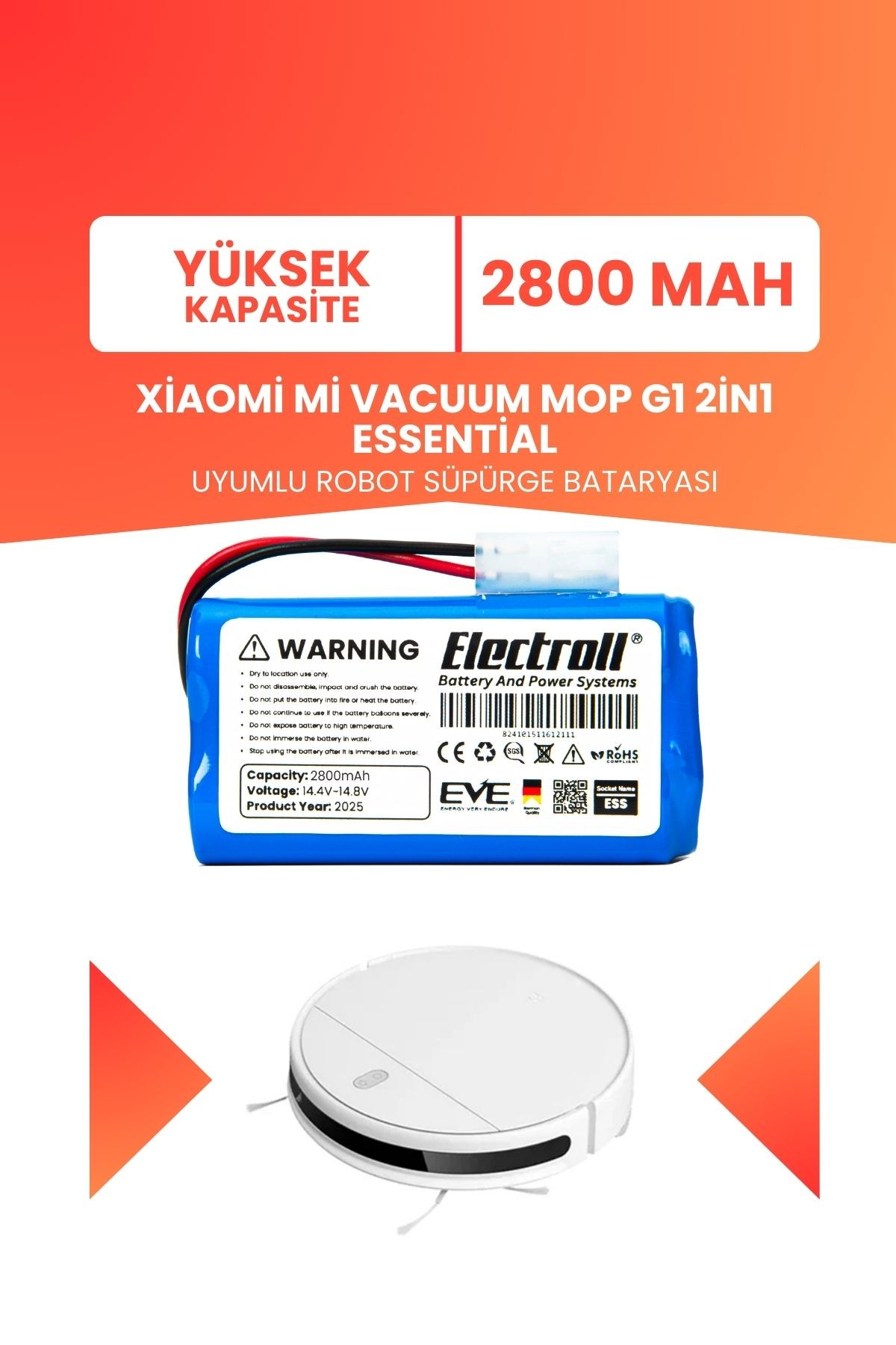Xiaomi Mi Vacuum Mop G1 2in1 Essential Uyumlu Batarya (YÜKSEK KAPASİTE) 2800mah Robot Süpürge Pili