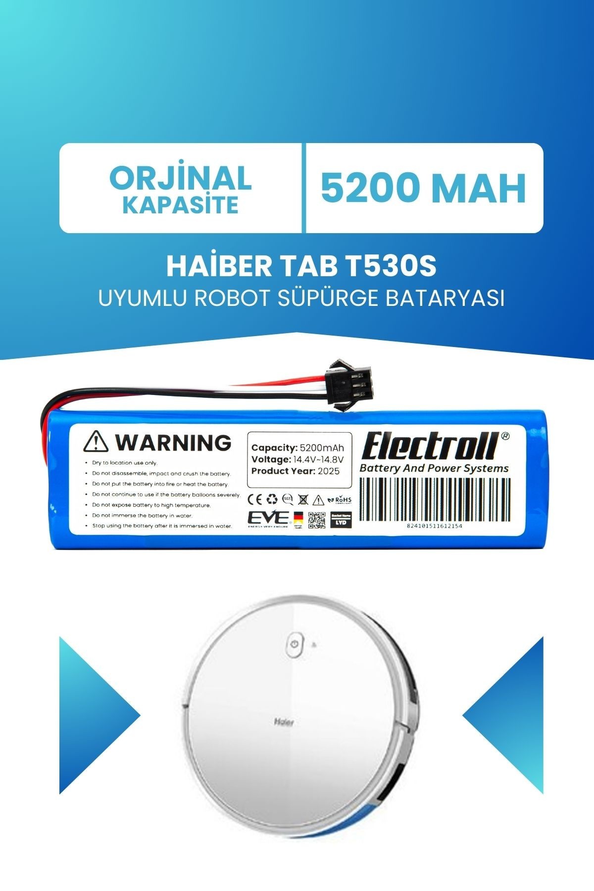 Haiber Tab T530s Uyumlu Batarya (ORJİNAL KAPASİTE) 5200mah Pil Robot Süpürge Bataryası Değişimi