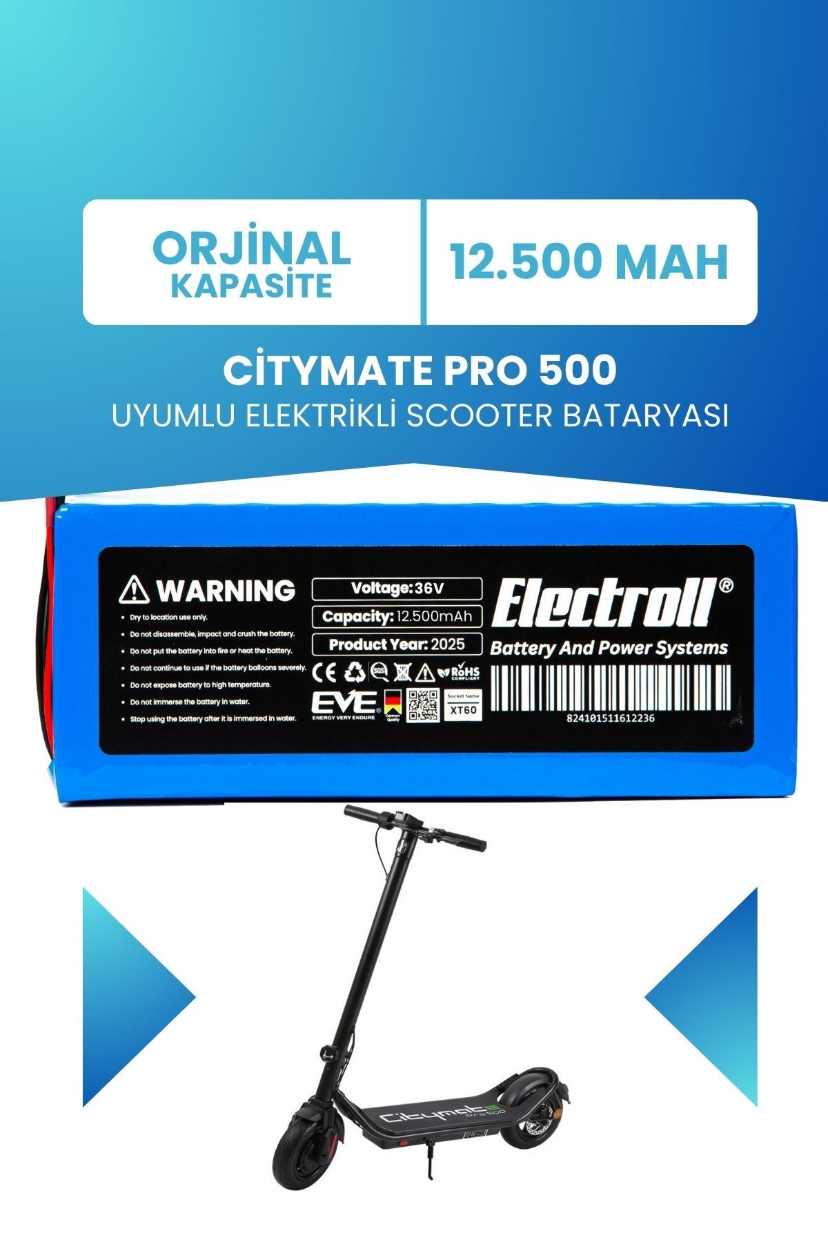 Citymate Pro 500 Batarya (ORJİNAL KAPASİTE) 36v 12.500mah Pil Elektrikli Scooter Bataryası Değişimi