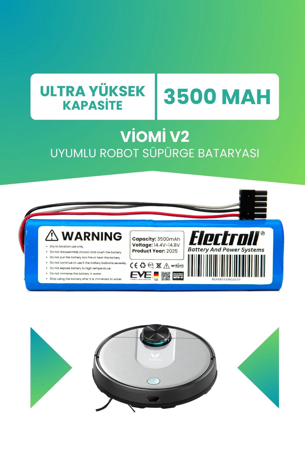 Viomi V2 Uyumlu Batarya (ULTRA YÜKSEK KAPASİTE) 3500mah Pil Robot Süpürge Bataryası Değişimi