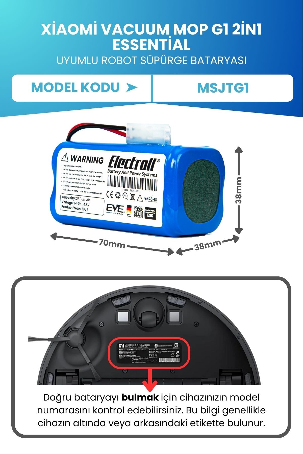 Xiaomi Vacuum Mop G1 2in1 Essential Batarya (ORJİNAL KAPASİTE) 2500mah Robot Süpürge Pili Msjtg1