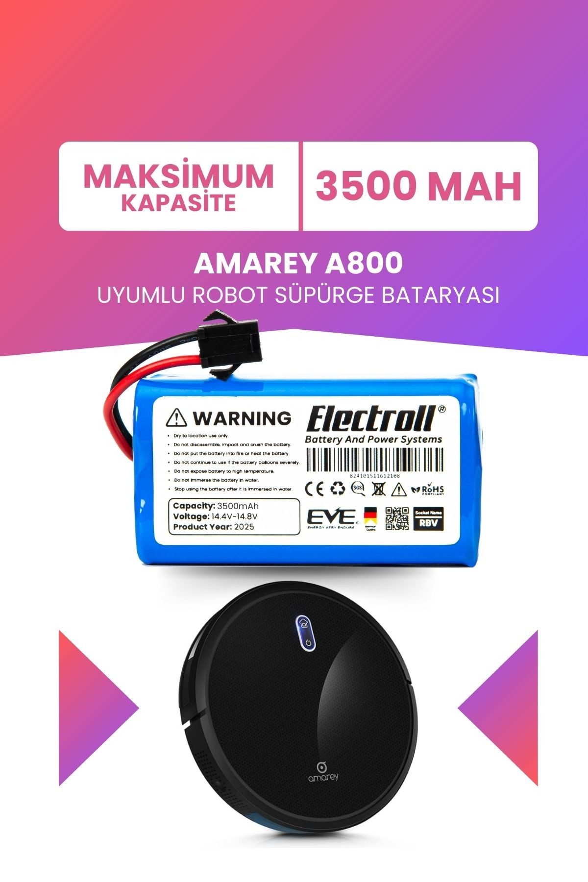 Amarey A800 Uyumlu Batarya (MAKSİMUM KAPASİTE) 3500mah Pil Akıllı Robot Süpürge Bataryası