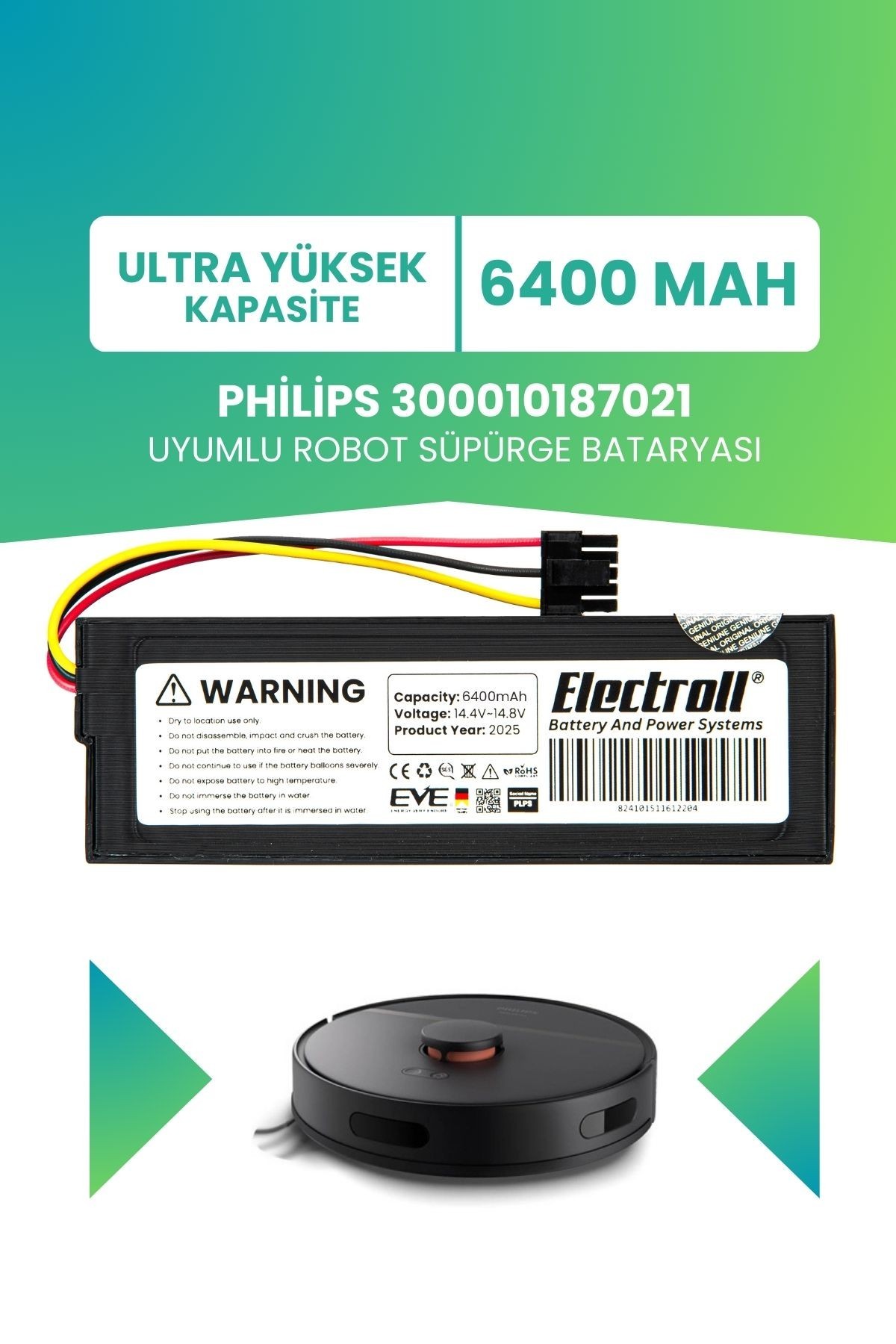Philips 300010187021 Uyumlu Batarya (YÜKSEK KAPASİTE) 6400mah Pil Robot Süpürge Bataryası Değişimi